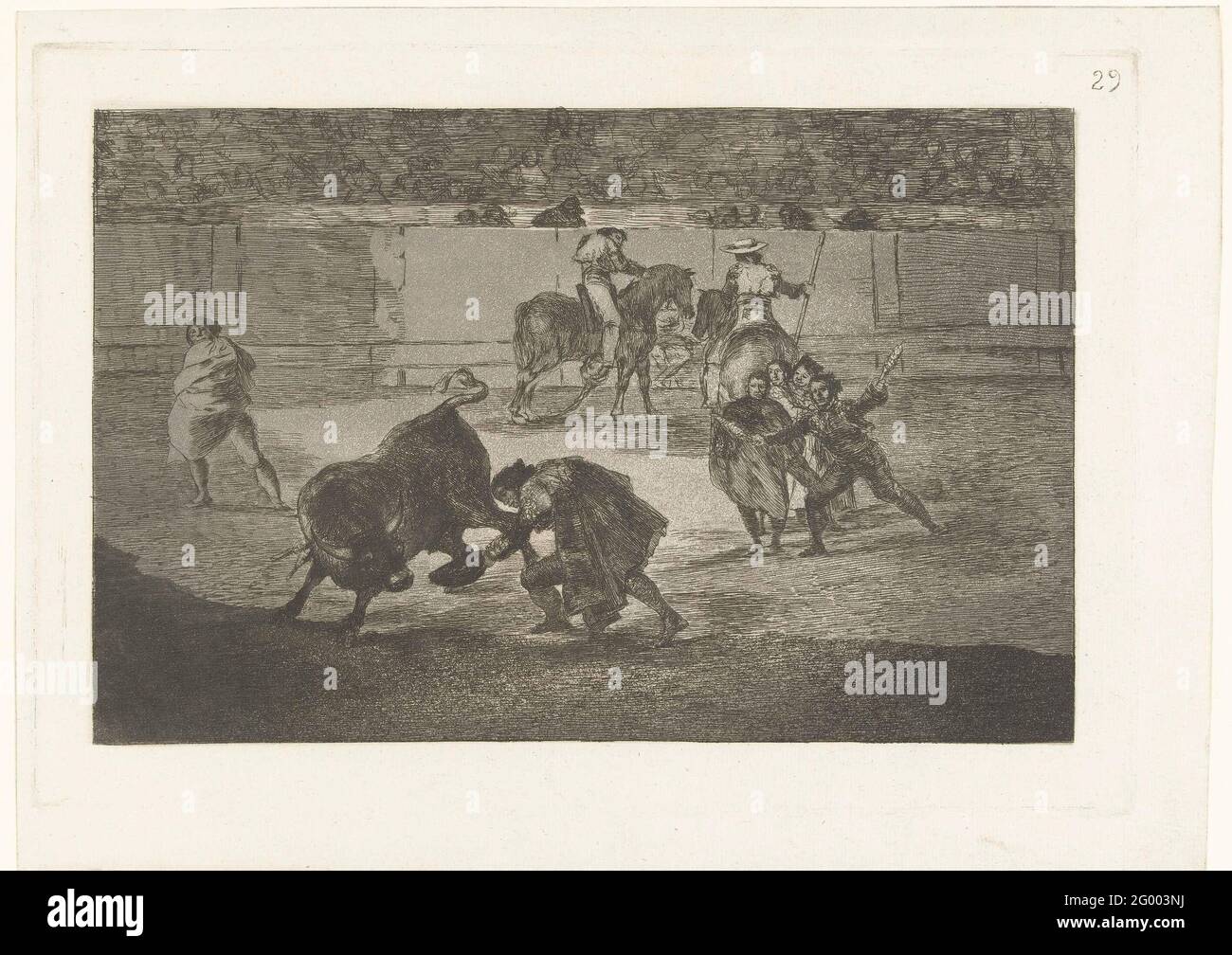 Pepe-Hillo takes his hat for the bull; Pepe Illo Haciendo El Recort Al Toro; La Tauromaquia; Bullfighting. The arena with two picadors and a number of men on foot. In the foreground the Torero (bullfighter) Pepe-Hillo who decreases his hat before the bull. Stock Photo