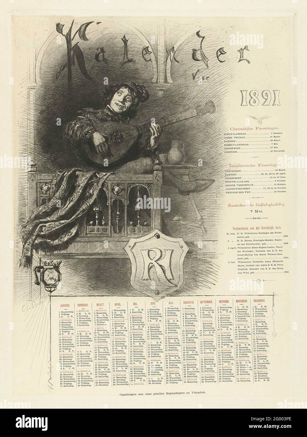 Calendar for 1891 with a cheerful musician; Calendar for 1891. Calendar for 1891 with cheerful man dressed in seventeenth century costume, who plays on a lute. A few holidays are specifically mentioned and at the calendar are, except months and days, with abbreviations the moon positions mentioned. On a shield is a monogram R & H that refers to the organization that the calendar reserves to her beneficiaries and friends thus the inscription. Stock Photo