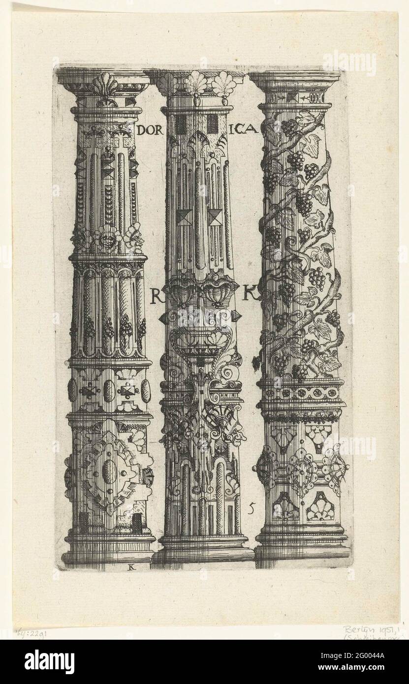 Three Doric columns with fantasy decorations; Dorica; Livre D 'Architecture Contenant Plusieurs Beaux Ornementz (...). A grape rank is wrapped around the right column. Stock Photo