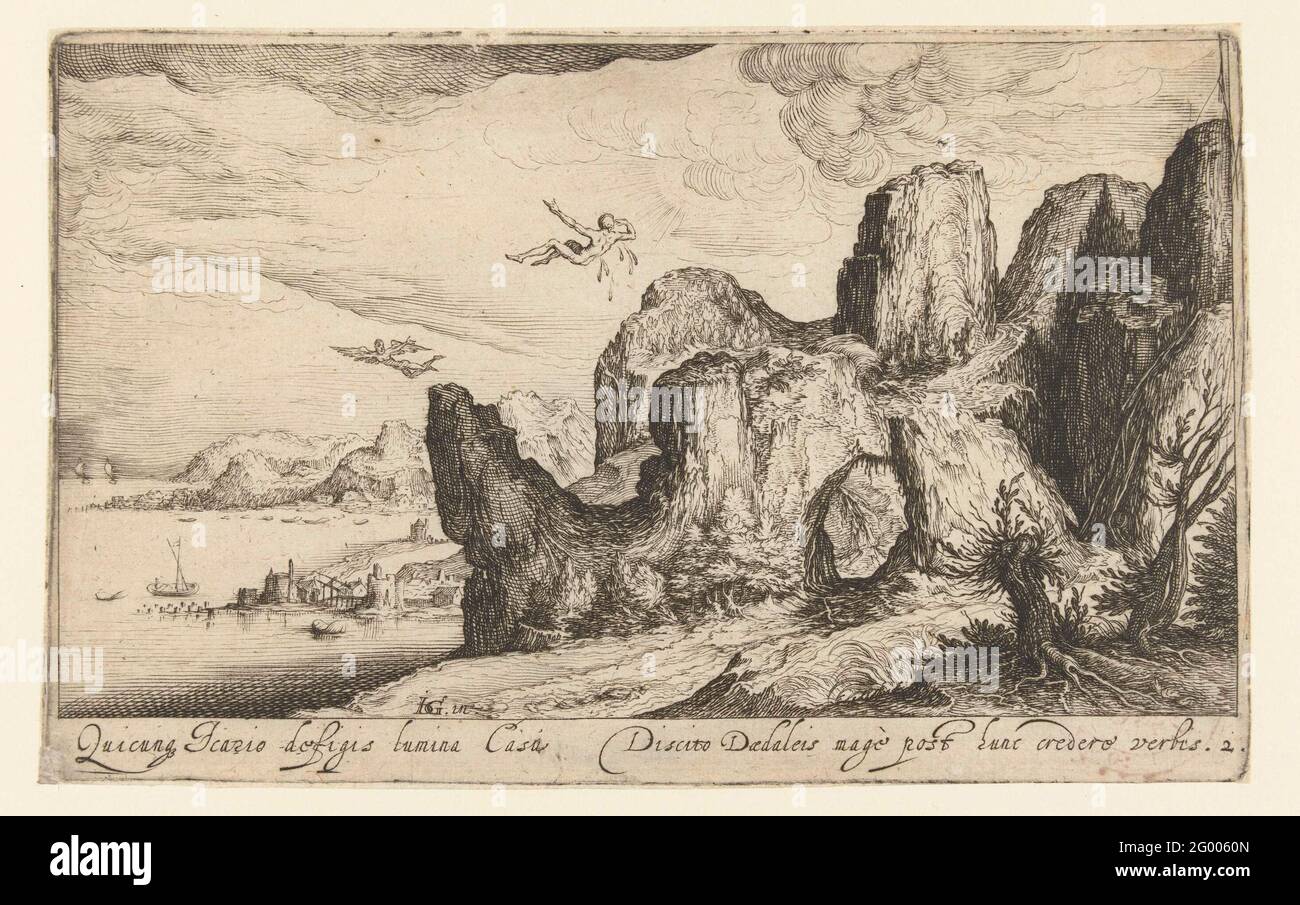 Landscape with the fall of Icarus; Landscapes. Mountainous landscape on a water. Slightly left from the middle flies Icarus through the air; There he falls next to that, the melted was from his wings in drops on his shoulders. Under the show one line Latin text. This print is part of a series of six (in one after) numbered prints with landscapes. Stock Photo