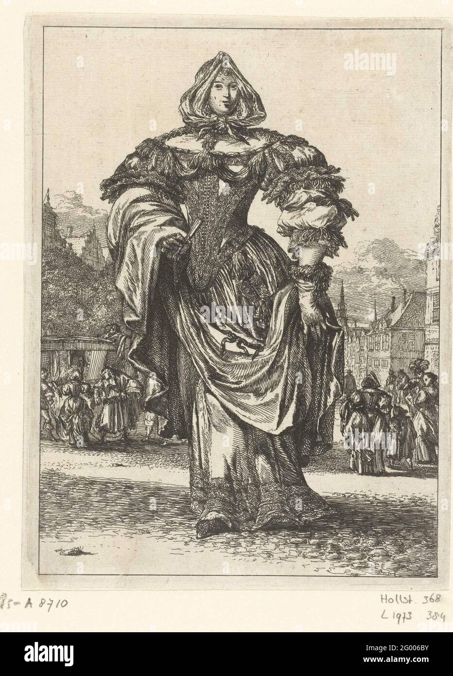 Figures a la mode no. 6 Lady in Japon with ribbon decoration Figures a la mode. Stylishly dressed lady in a dress with lots of ribbon decoration along the low neck and