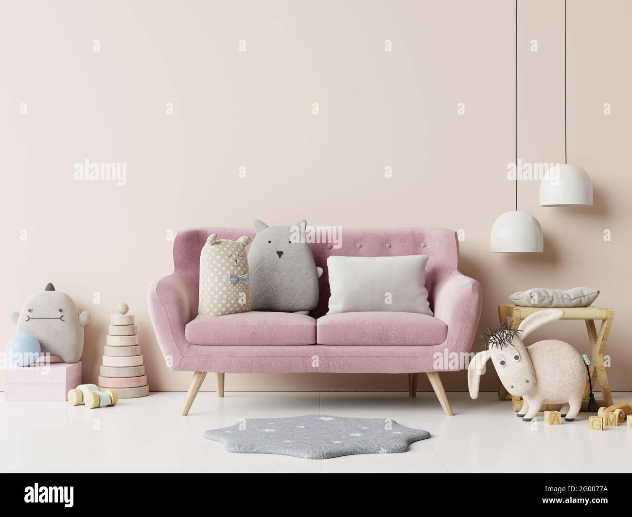 Mockup wall in the children's room with pink sofa on empty white wall  background.3D Rendering Stock Photo - Alamy