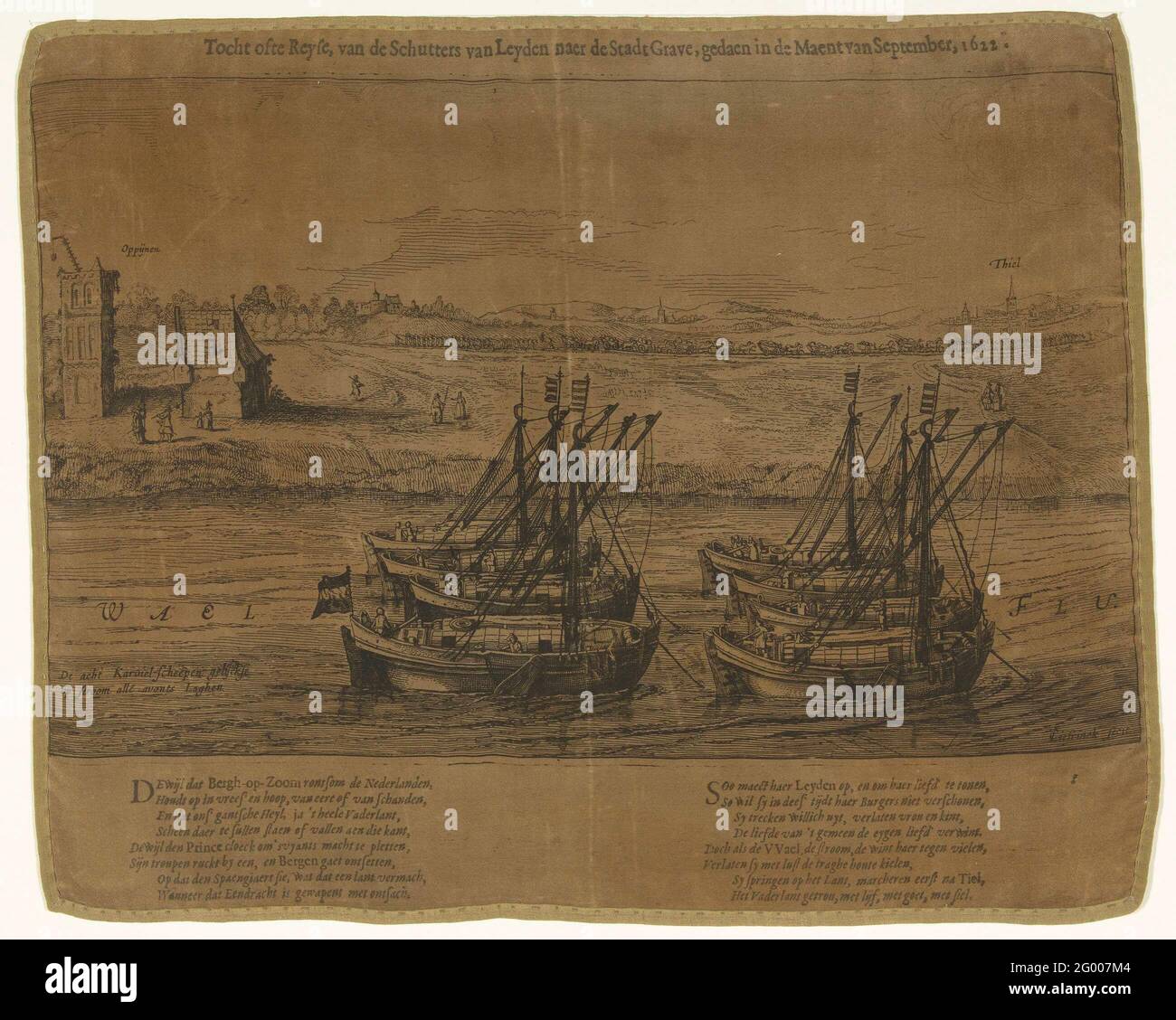 Ships traveling from Leiden to Grave, 1622; Journey of hony, from the shooters of Leyden Ner de Stadt Grave, behaved in the Maent of September, 1622; Journey of the Leiden Schutterij to Grave, 1622. The eight ships in which the militia schedule made the trip to Grave lyrics for anchor in the Waal, 26 September 1622. Part of a series of 3 prints of the Schutterij journey of Leiden to Grave to keep the city occupied so that Maurits can pull up to Bergen on Zoom. Under the show two verses of eight rules in Dutch. Stock Photo