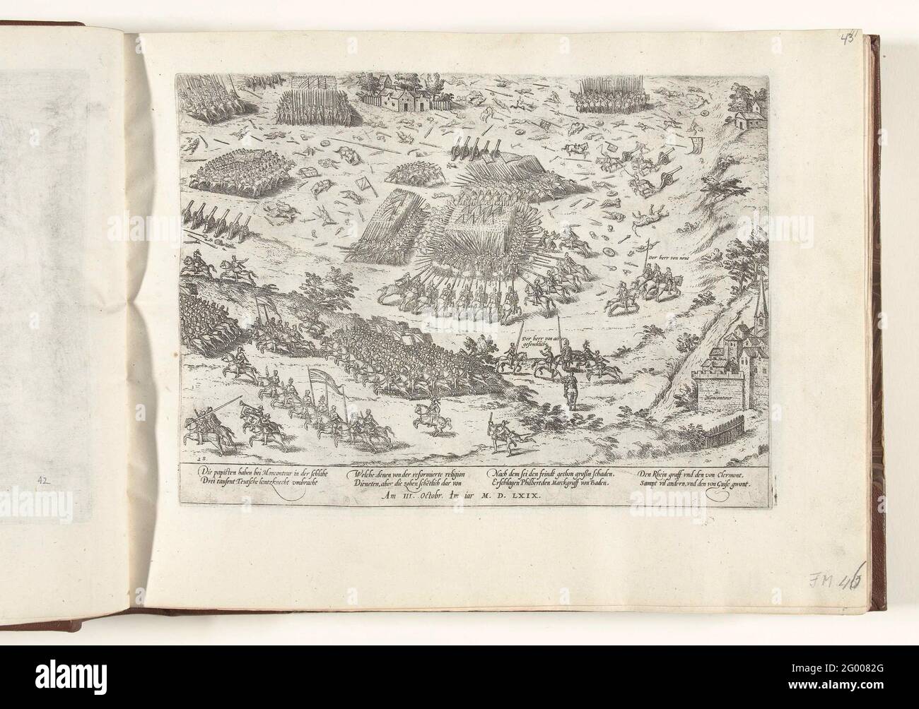 Battle of Moncontour, 1569; Series 3: French religious wars, 1559-1573. Battle of Moncontour, October 3, 1569. View of the battlefield. With caption of 8 rules in German. Numbered: 28. Stock Photo
