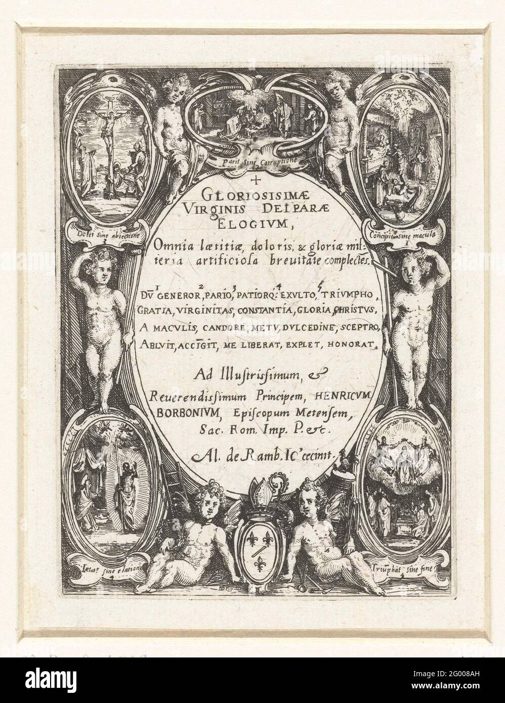 Cartouche with text surrounded by putti and scenes from the life of Mary; Gloriosisimae virginis dei parae elogium. Oval cartouche with Latin text, around which six putti, five medallions with scenes from the life of Mary and a coat of arms. The narrative scenes relate from the top right of the bottom right (counterclockwise): Birth of Maria, birth of Christ, Crucifixion, Christ appears after his death to Mary, Ascension and Coronation of Mary. Stock Photo