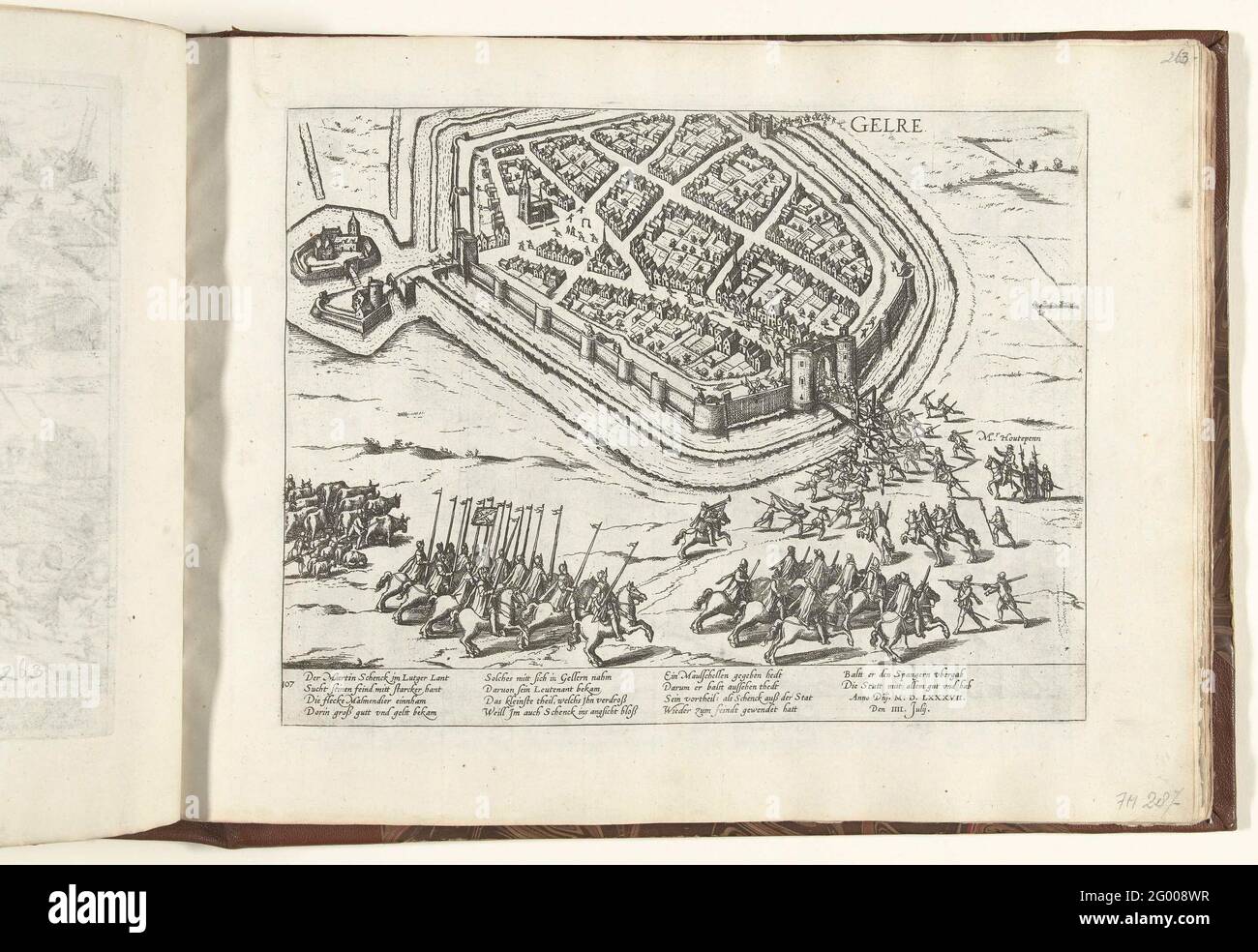 Geldern passes through betrayal to the Spaniards, 1587; Series 9: Dutch and German events, 1583-1587. The city of Gelre, now Geldern, passes through betrayal to the Spaniards among Haulteepenne, July 4, 1587. The Spanish soldiers enter the city through the gate. With caption of 14 lines in German. Numbered: 107. Stock Photo