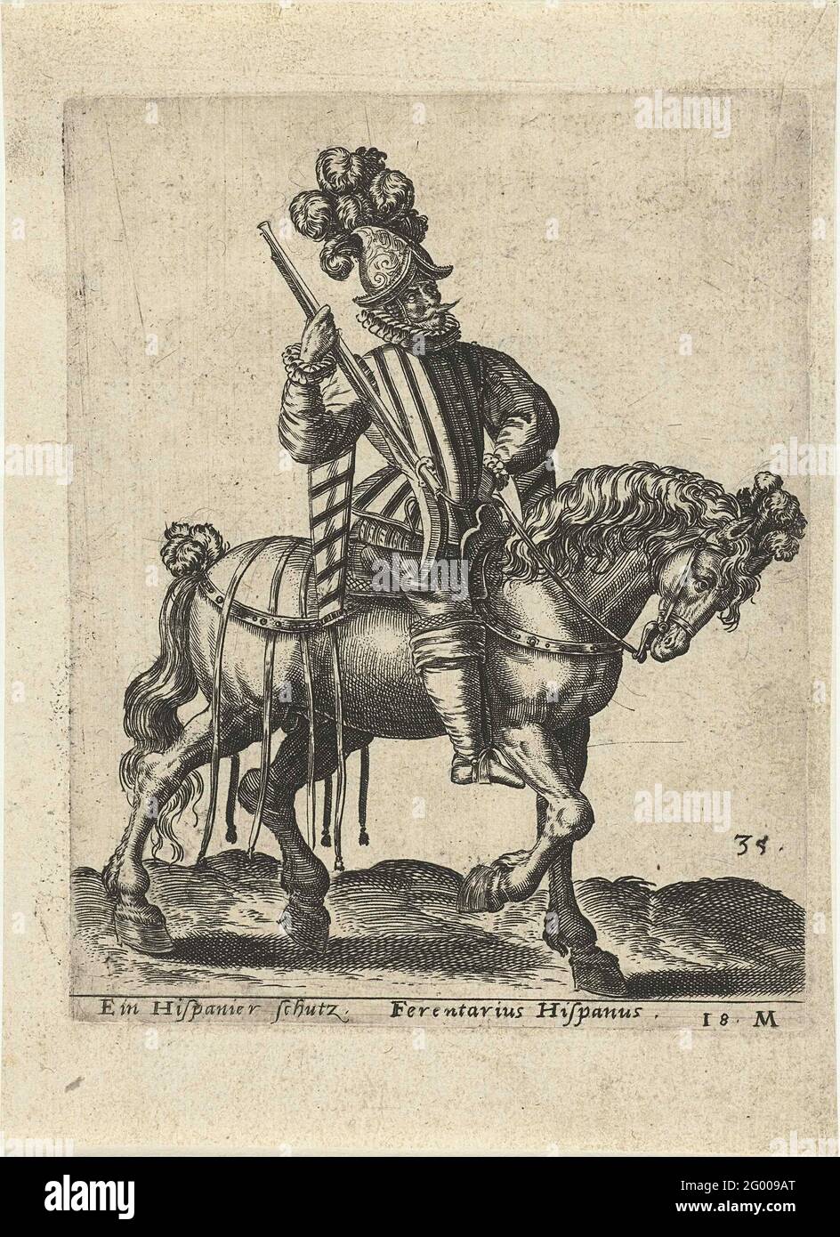 Spanish rider with gun. Horse and rider to the right. The horse is in ...