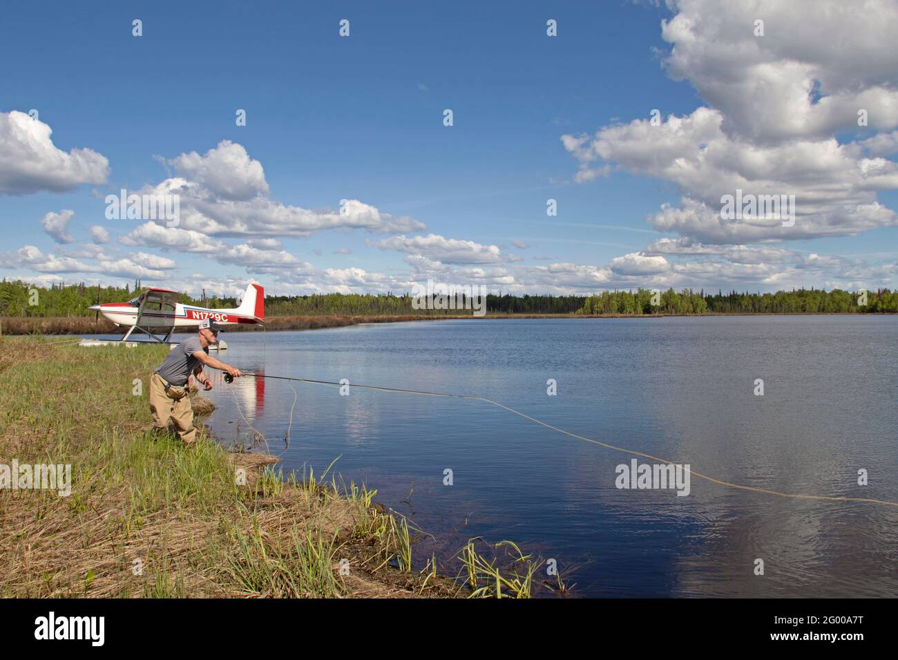An angler casts for northern pike in a remote lake in Alaska's Susitna Valley. Stock Photo