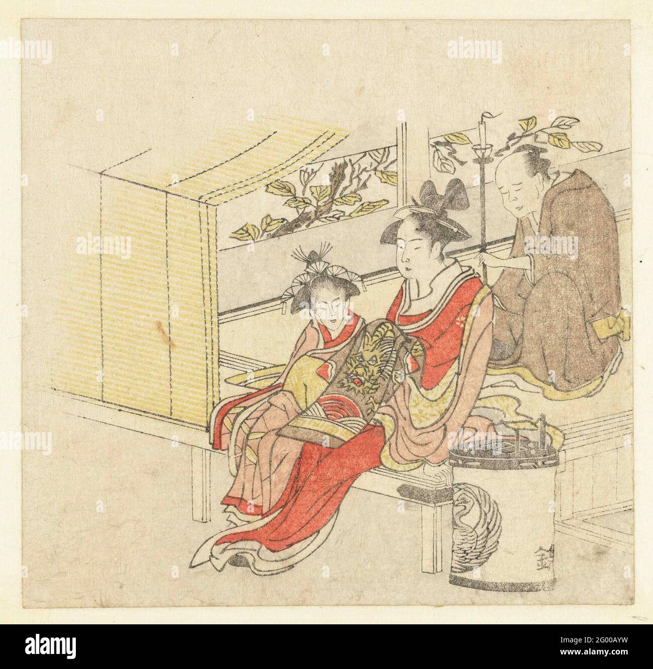 Courtisan and servants. A Courtisane with her maid (Kamuro) sitting on a bench at a tea house, a servant behind them. The Grote Crane probably refers to the House of the Crane (Tsuruya) in the Yoshiwara District. The dragon stands for the dragon year 1796. No poems, probably cut off. Stock Photo