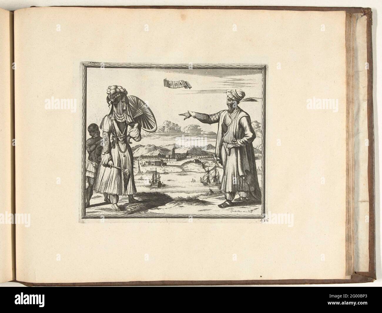 Residents of Goa, 1726; Goa; Les Forces de l'Europe, Asie, Afrique et Amerique (...) Comme Aussi Les Cartes des Côtes de France et d'Espagne. Man and wife of Goa in India dressed in local costume. In the background the city. Plate No. 476 in Part XIX of the Picture: Les Forces de l'Europe, Asia, Afrique et amic ... Comme Aussi Les Cartes des Côtes de France et d'Espagne from 1726, this second part with 271 by hand Numbered Plates of renowned strong cities and fortresses in the context of the Spanish Succession War 1701-1713. For most part, these plates have been copied to the anonymous French Stock Photo