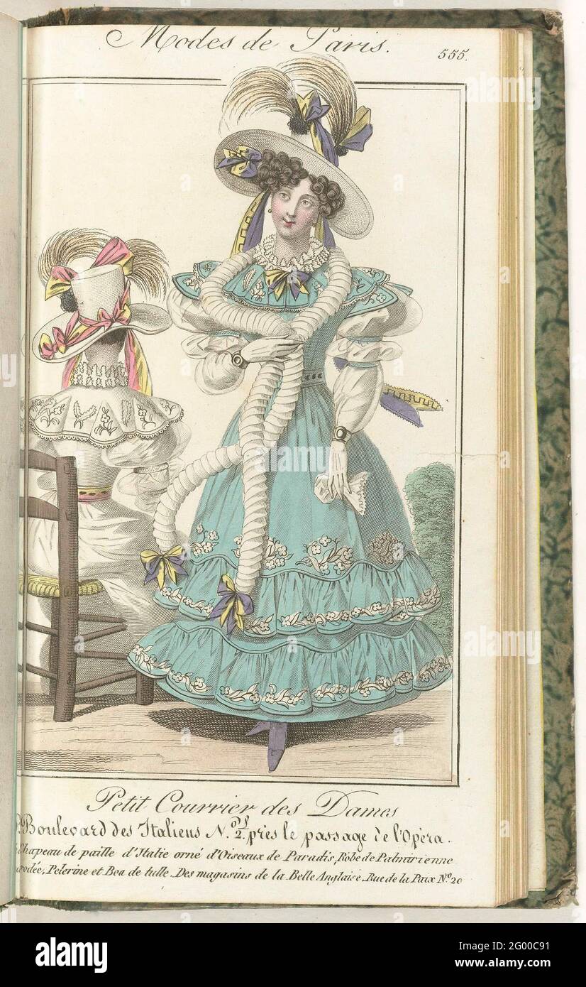 Petit Courier des Ladies, 20 Mai 1828, No. 555: Chapeau de Paille d'Italie  .... standing woman dressed in a "Palmirienne" dress with an embroidered  floral pattern. On the head a hat of '