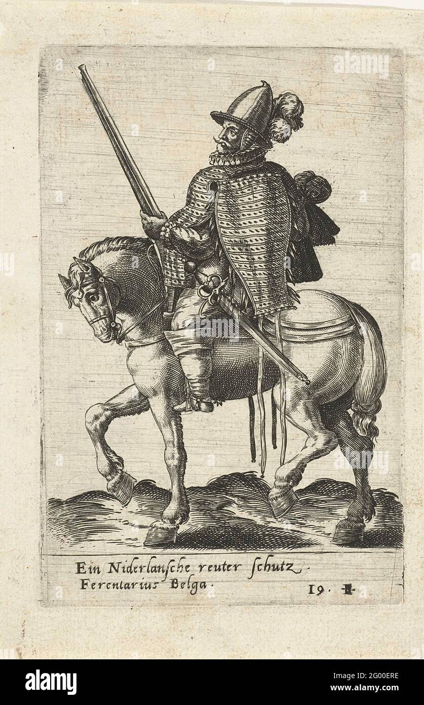 Dutch Ridder Dutch rider with gun. Horse and rider to the left. The horse is in step ...