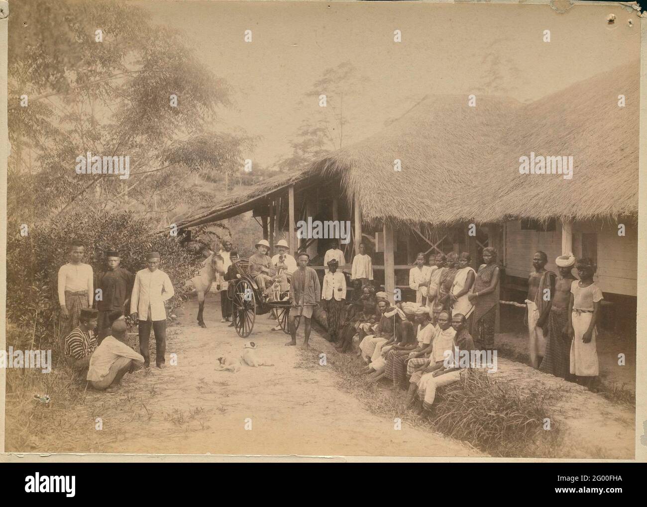 Contract workers and supervisors for cooling accommodation. Rickshaw with European supervisors and 'Holz-Pony' with Europeans for accommodation of coolie's with the workers posing, Long cat Sumatra Stock Photo