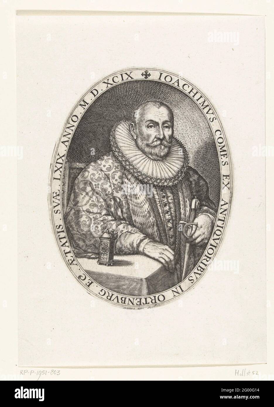 Portrait of Count Joachim von Ortenburg; Ioachimvs comes ex (...) LXIX Anno MDXCIX. Portrait in half by Graaf Joachim von Ortenburg with folding collar, sitting at the table, stating the inscription at the age of 69. Stock Photo
