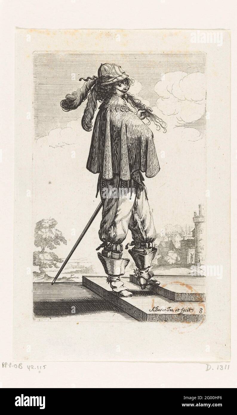 French nobleman dressed according to the fashion of approx. 1630; Le Jardin de la Noblesse Françoise (...); Costumes of the French nobility. Edelman with mustache and sik, dressed in a short shoulder shelter, knee pants and wide boots with traces. On his head a round hat with narrow edge and feathers. The hair falls into a long lok (Cadenette) over the left shoulder. Dit along the left. Stock Photo