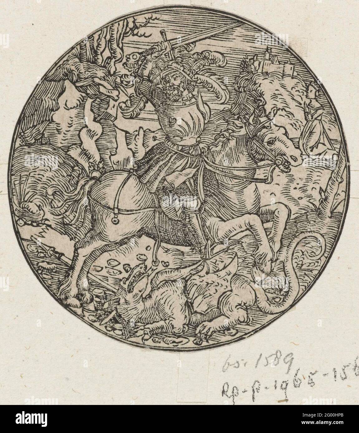 Joris doodt de draak Holy George kills the dragon. A woman fleeing in panic  for the dragon. In the background, a landscape with ruins of Roman  gebouwen. Manufacturer : printmaker Cornelis Cort (