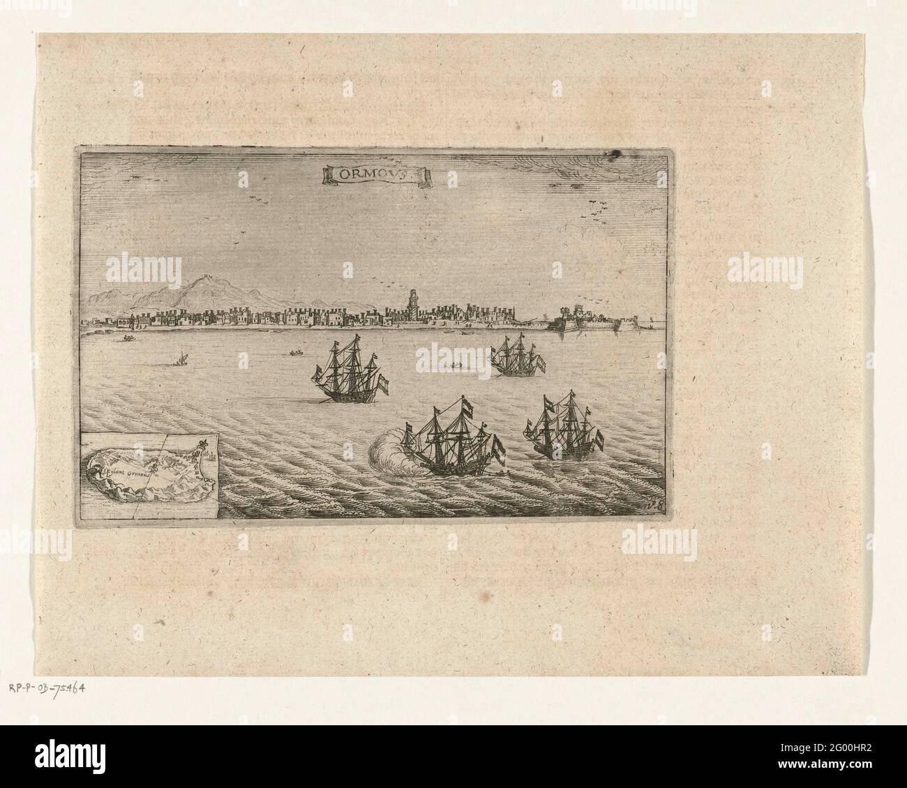 Ships at the island of Hormoz, 1629; Ormous; The Eyland ormous, and Gomeron, at the fixed land of persever. Ships at the island of Hormoz and the city of Gamron (Bandar-e Abbas) on the mainland of Persia, February 1629. At the bottom left of a commitment with a small map of Hormoz island. Part of the illustrations in the report of the tours of Pieter van den Broecke to East Indies, 1605-1640, no. 8. Stock Photo
