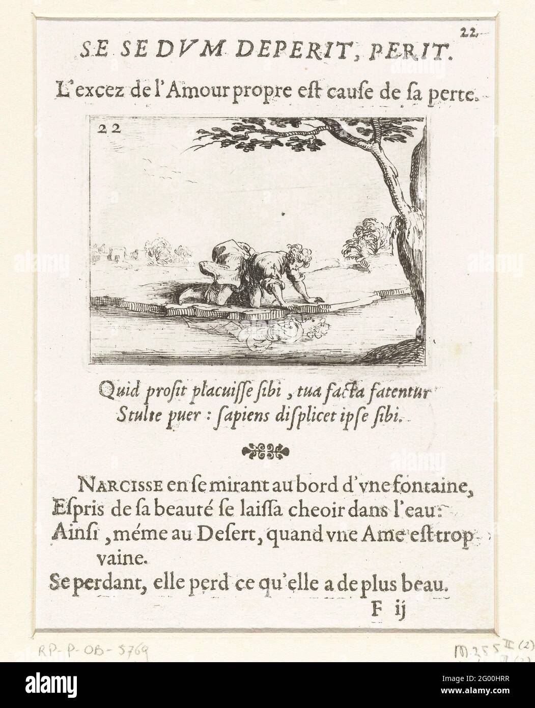 Narcissus admires his mirror image in the water; Sese Dum Deperit, Perit / L'Excez de l'Amour Propre Est Cause de SA Perte; Monastery life in emblems. Presentation of a young man (Narcissus) looking at his own mirror image at a waterfront. Above and below this print Latin and French texts in letterpress. This magazine is part of the emblem series 'monastic life in emblems'. In addition to an illustrated title page and 26 emblems, the second state of this series contains a title page and a blade with assignment, both in letterpress without image. Stock Photo