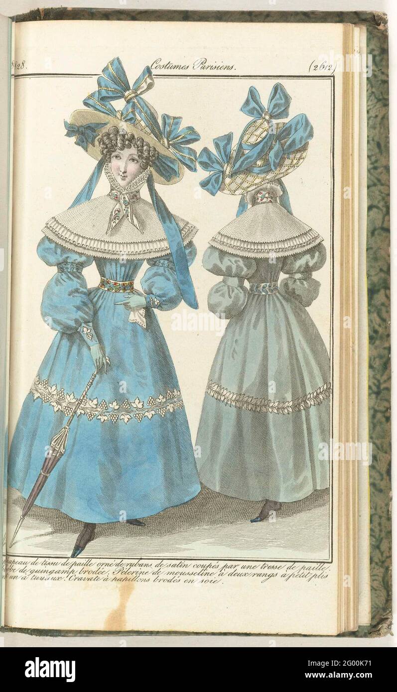 Journal des Ladies et des Modes, Costume Parisien, 5 Juillet 1828, (2612):  Chapeau de Tissu de Paille .... Jap of embroidered 'guingamp'. Pelerine of  muslin with two small pleated strips and an '