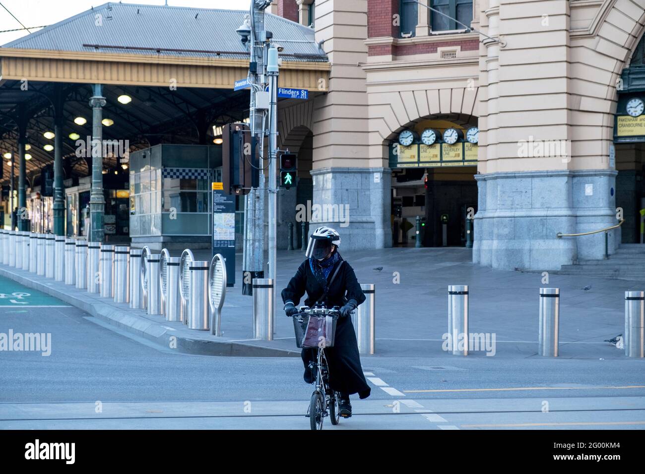 The streets are empty around Flinders Street Station during the latest coronavirus lockdown. Stock Photo