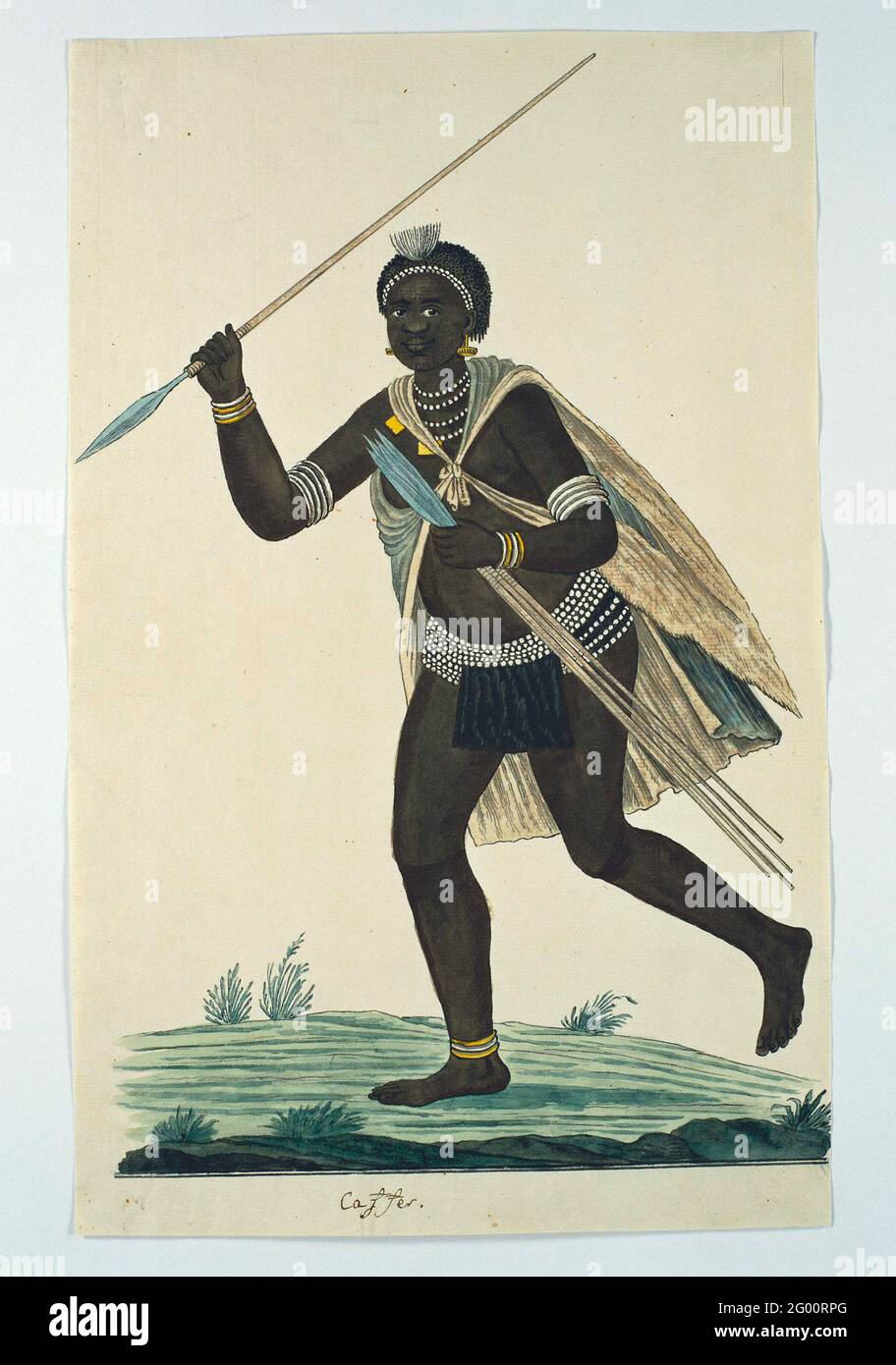 Running Man Holding An Assegai in His Right Hand and Four Assegais in His Left. Xhosa warrior with an assegaaa in his raised right hand and four in his left hand, to the left. Stock Photo