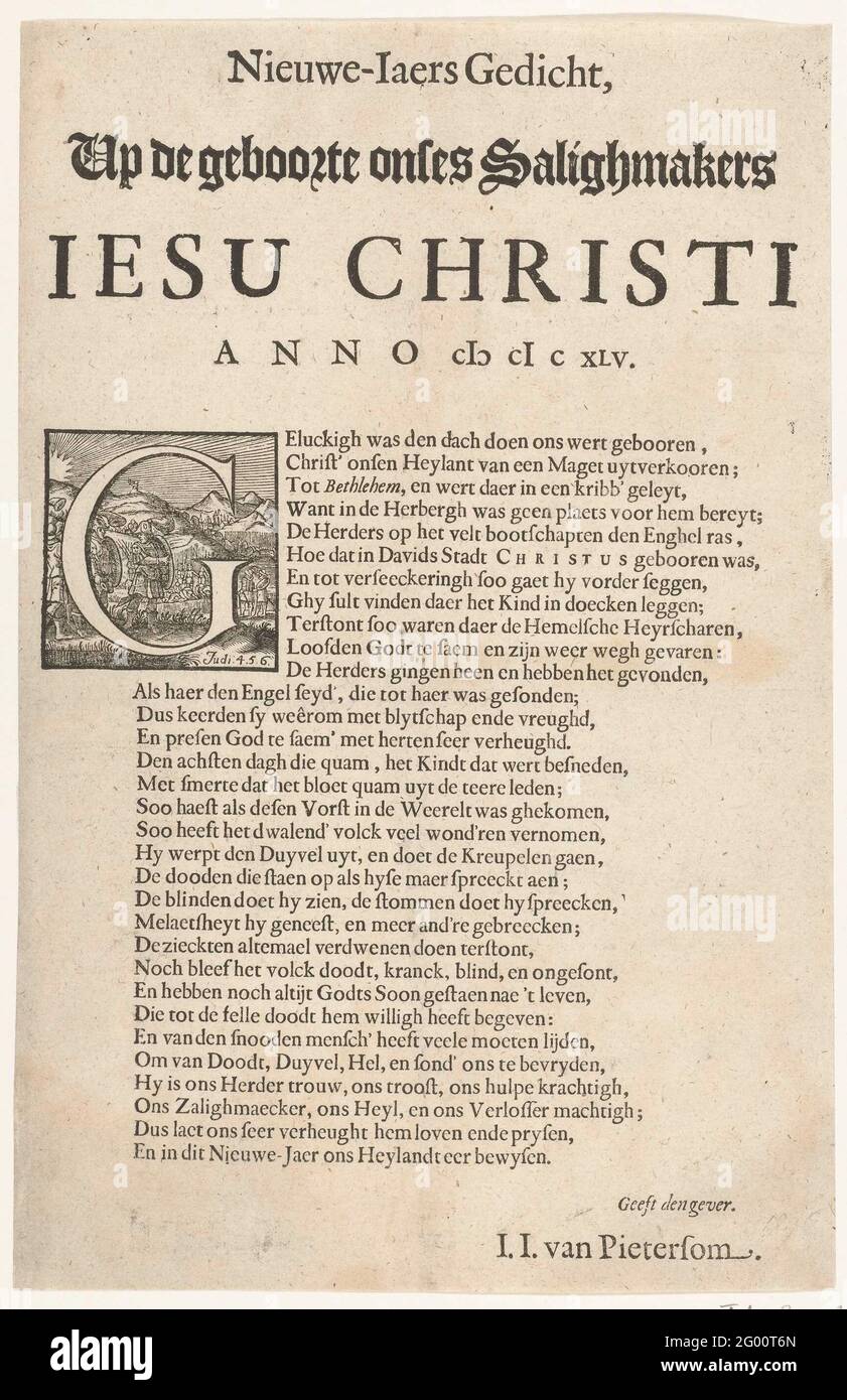 New Year's poems for the year 1645; Nieuwe-iaers poem, on birth Onses Salighmakers Iesu Christi Anno MDCXLV. New Year's poems for the year 1645. Fresh from 32 lines in Dutch with decorated initial G. Stock Photo