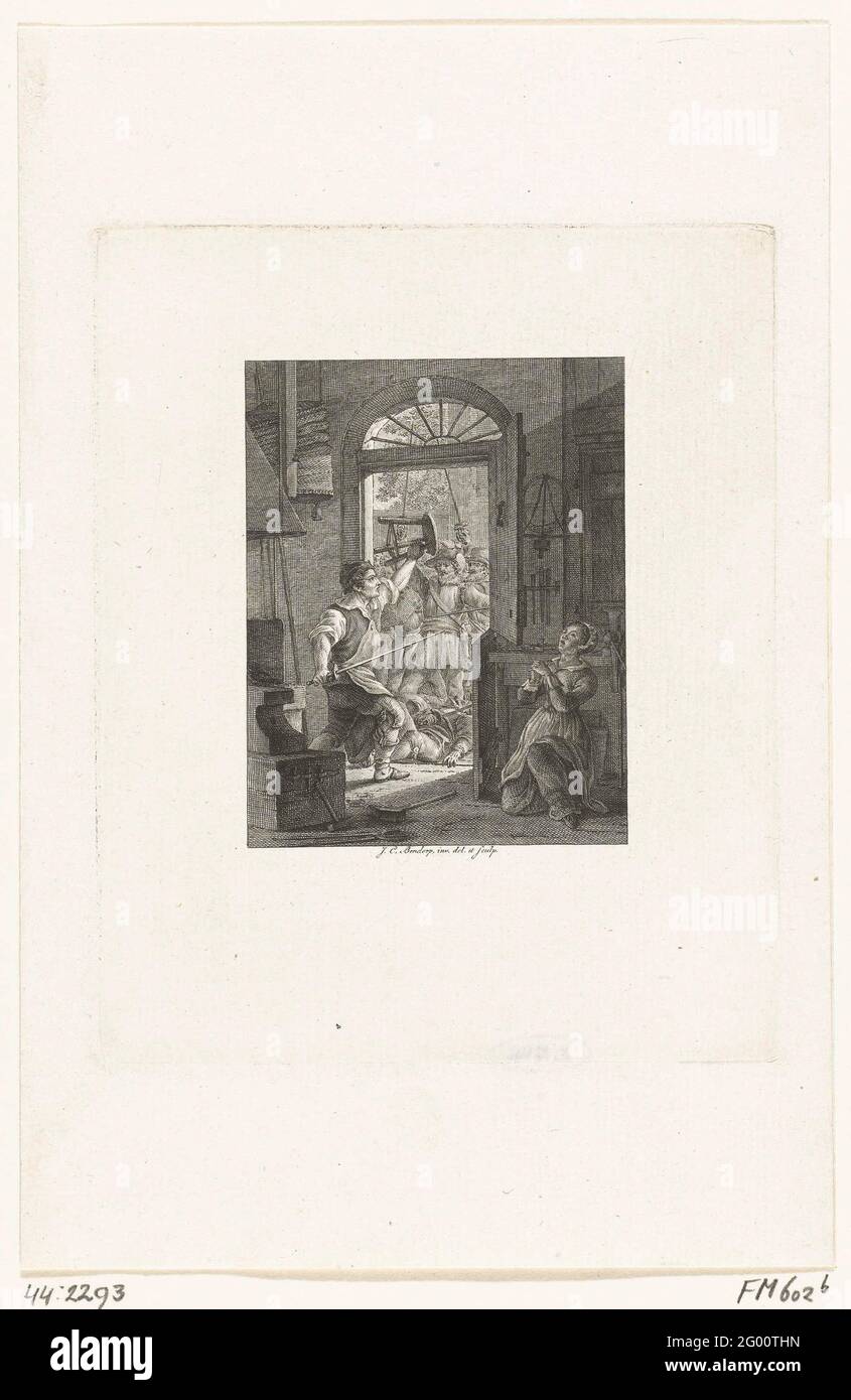 Huibert Willemszoon van de Eijcken, the heroic blacksmith of Naarden, 1572. Huibert Willemszoon van de Eijcken, the heroic blacksmith of Naarden, defends his home with sword and tripod his home against the Spaniards, December 1, 1572. On the right his kneeling praying daughter. Stock Photo