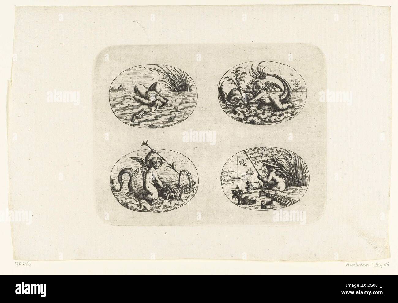 Four landscape ovals with putti; Das Neuw Grottesken Buch Nürnberg 1610; Leaf of the 'Neu Grotesken Buch' 1610. Above left a putto that is on its back in the water, at the top right of a putto with a branch in his hand moving on a dolphin, bottom left a putto with a harpoon on a water-eyed fish and at the bottom right of a putto , fishing to the waterfront. Leaf from a series of flat decorations with grotesken, cartouches, ovals, mascarons, putti and fantastic beings. The series consists of three title sheets, two text sheets with the assignment and the preface and 60 sheets, spread over three Stock Photo