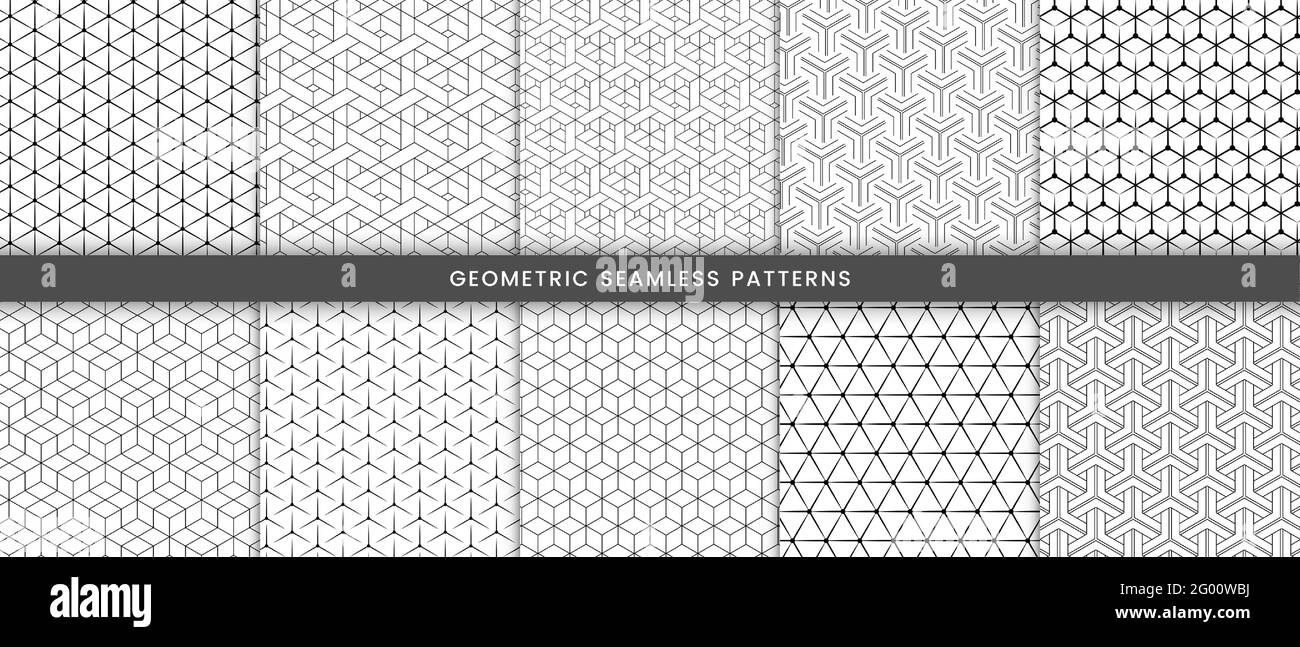 Set of abstract lines geometric seamless pattern black and white ...