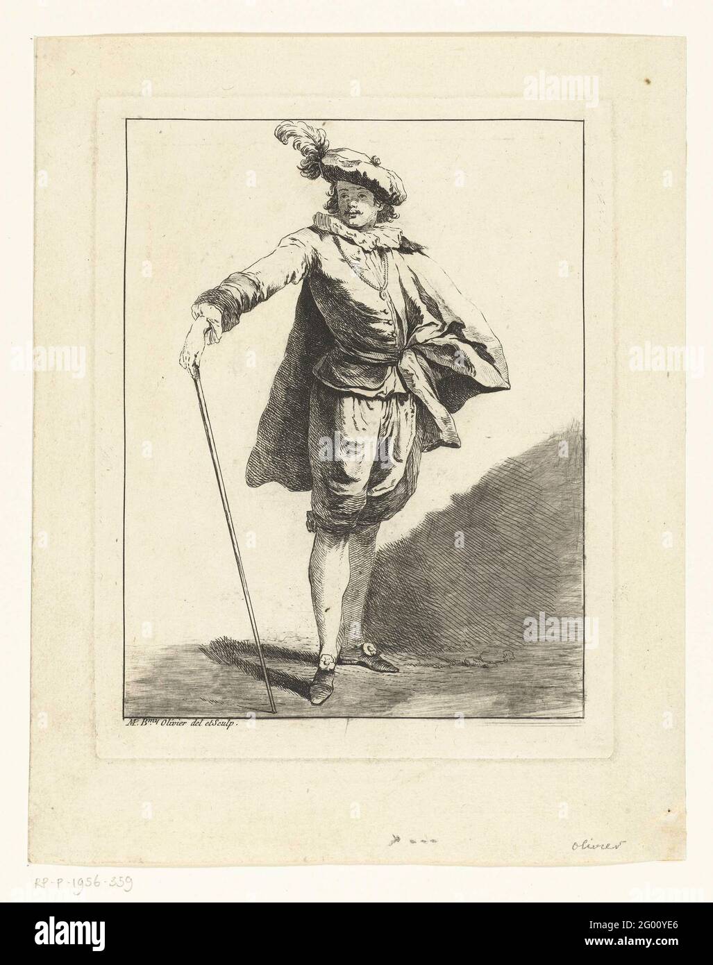 Young man with beret and stick; Figure studies; Etudes The Figures Drapées. Standing man, seen from the front, with beret and stick in the right hand. Print from a series of seven. Stock Photo