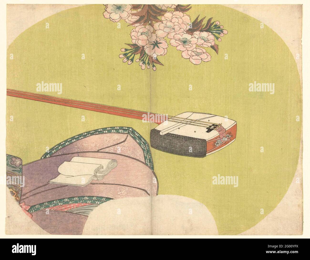 Courtisan and shamisen; The modern twelve months. Shamisen at the skirt from a kimono on which a bundle of paper; under cherry blossom; Against green background. Imagine for the back of a range. Stock Photo