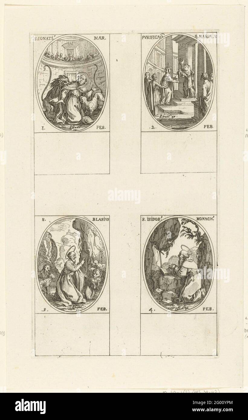 Saint Ignatius of Antioch, presentation of Christ in the Temple (Maria-Lichtmis), Saint Blasius, Sacred Isidorus of Pelusium (1-4 February); All saints and the Christian holidays of the year. Leaf with four oval performances, each with inscription and date in Latin: Above the holy Ignatius that is attacked in an arena by wild animals, at the top right handed by Maria to a priest, left below Saint Blasius surrounded by wild animals, At the bottom right of the Holy Isidorus praying in the wilderness at a cross. This print is part of a series of prints with representations of the saints and the C Stock Photo