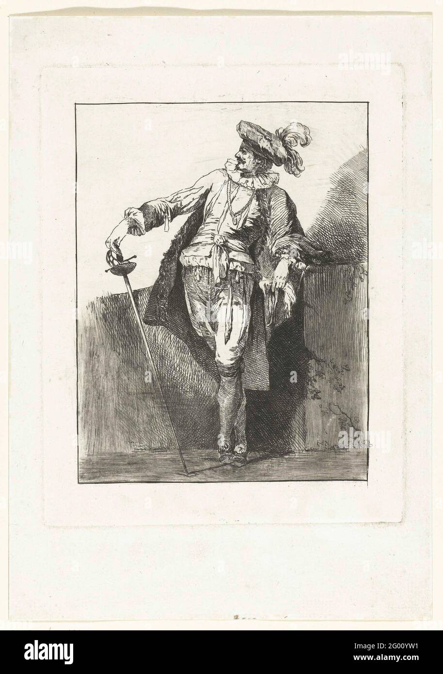 Edelman with Degen and Beret; Figure studies; Etudes The Figures Drapées. Edelman leaning on a wall, in the right hand. Stock Photo