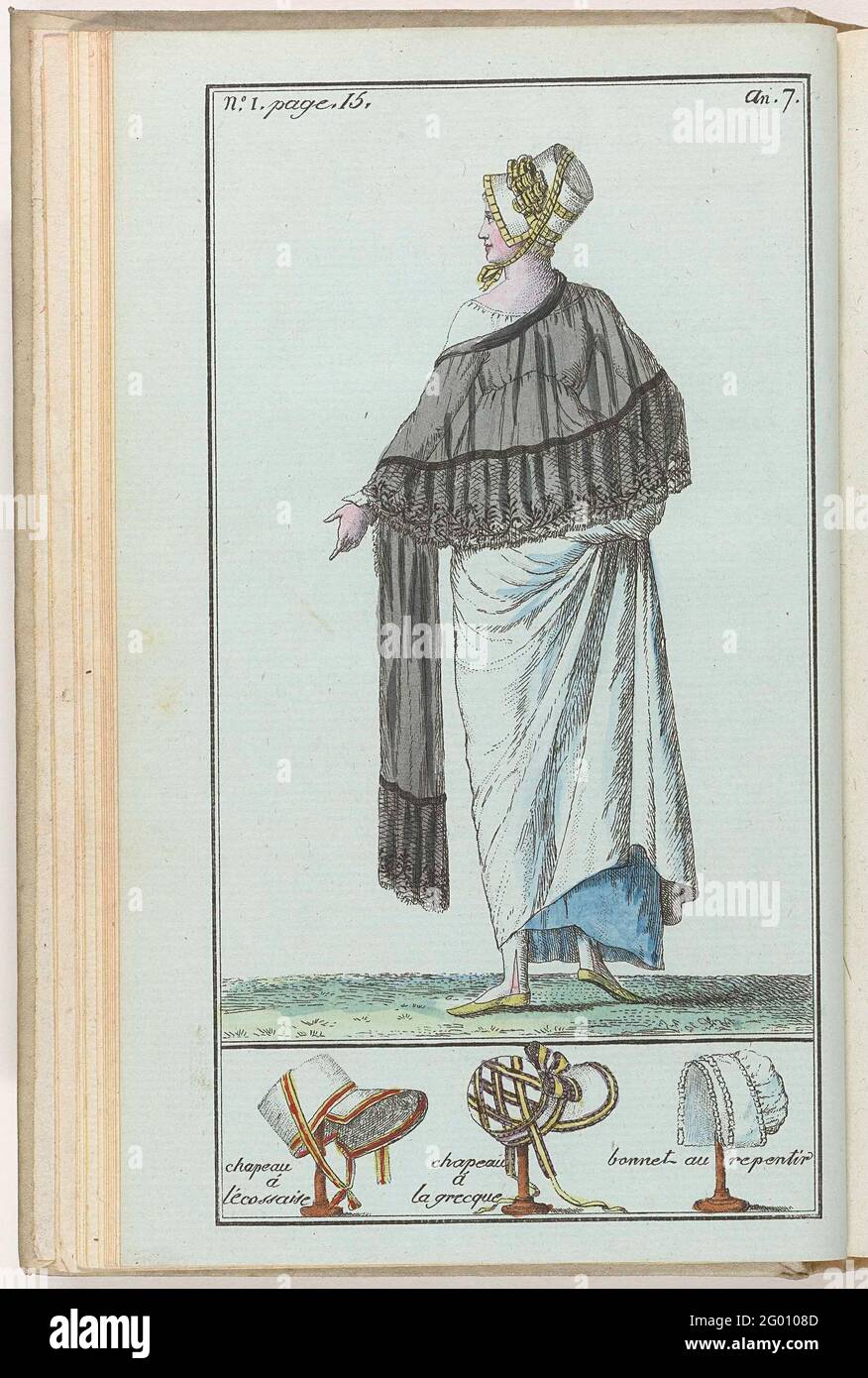 Le Mois, Journal Historique, Littéraire et Critique, Avec Figures, Tome 1,  No. 1, Page 15, An. 7 (1799): Chapeau à l'écossaise .... Woman, seen on the  back, with a white straw hat