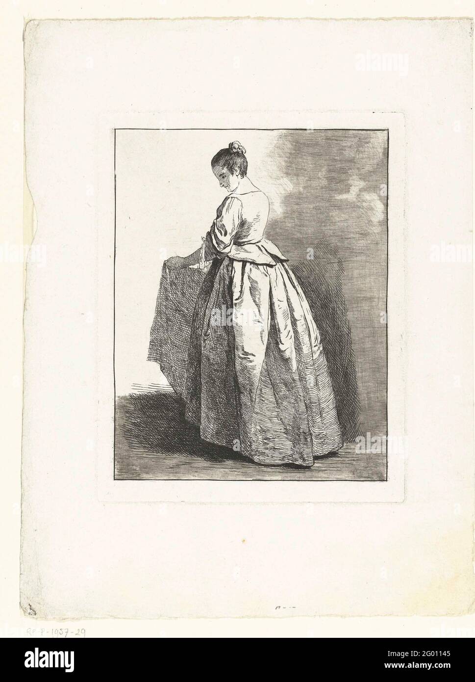 Young girl; Figure studies; Etudes The Figures Drapées. A standing young girl, holds a piece of fabric in her hand. Print from a series of seven. Stock Photo