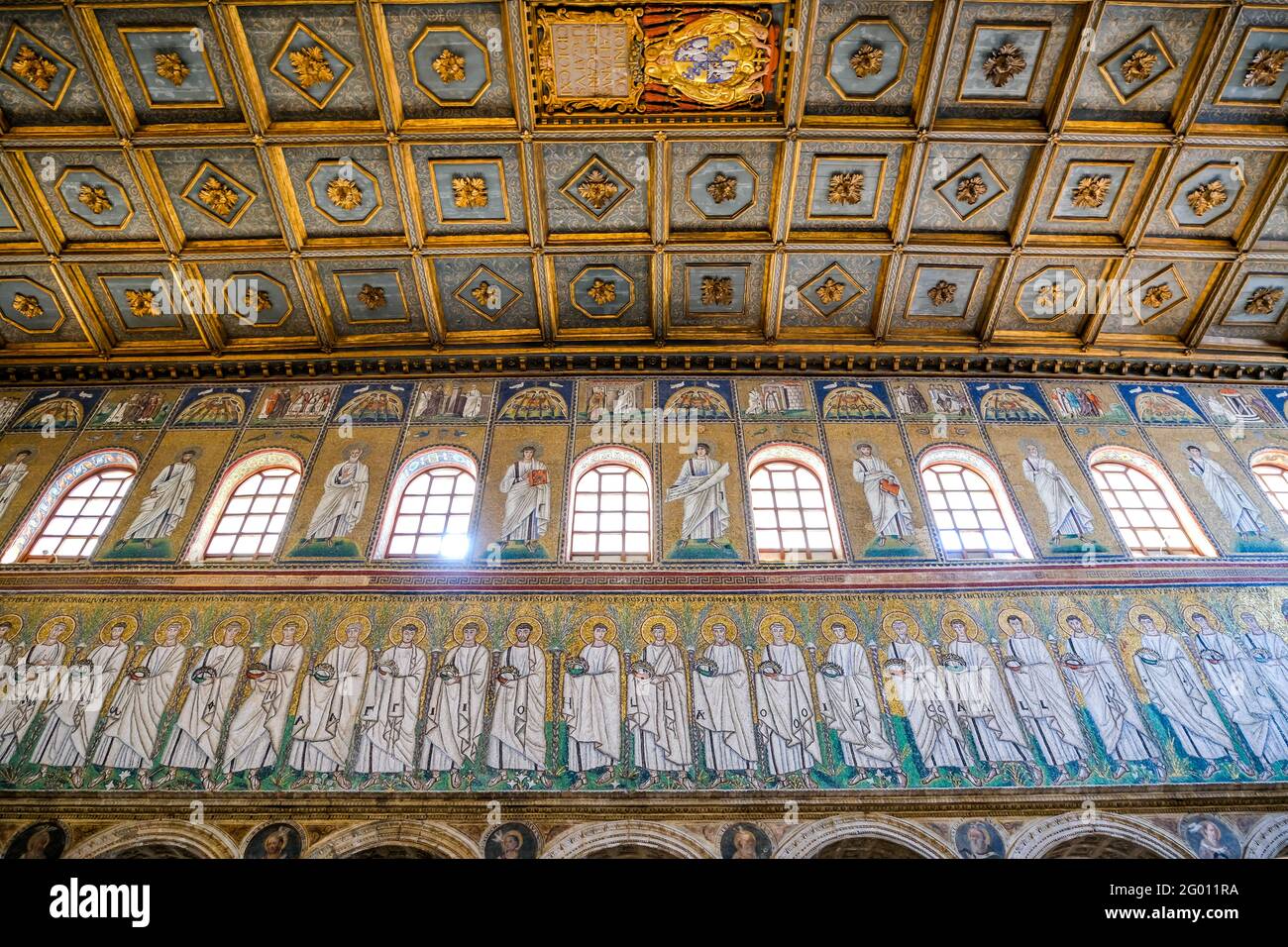 The mosaics and ceiling in Basilica di Sant Apollinare Nuovo in Ravenna