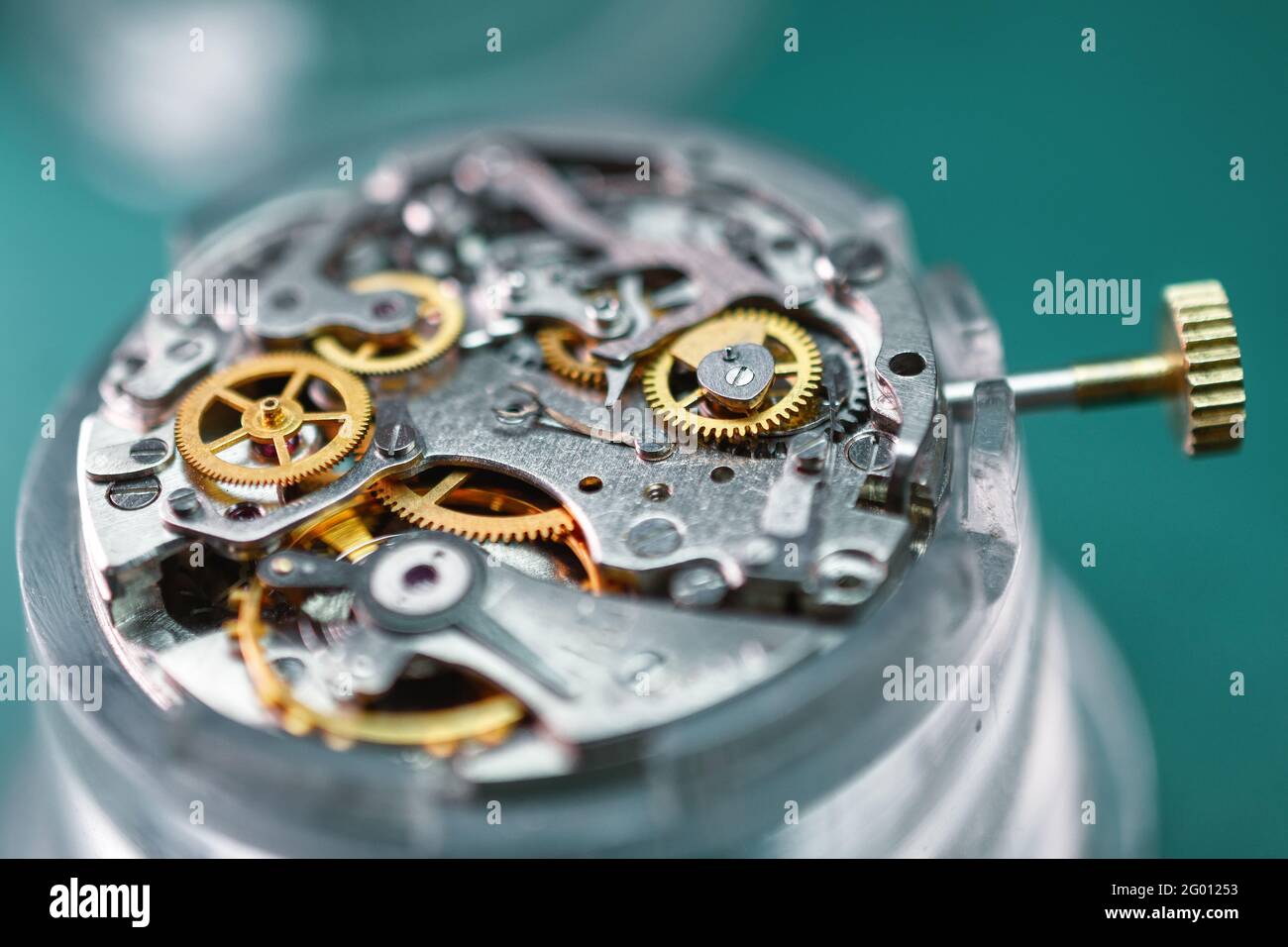 Clock mechanism close up. Mechanical watch internal structure