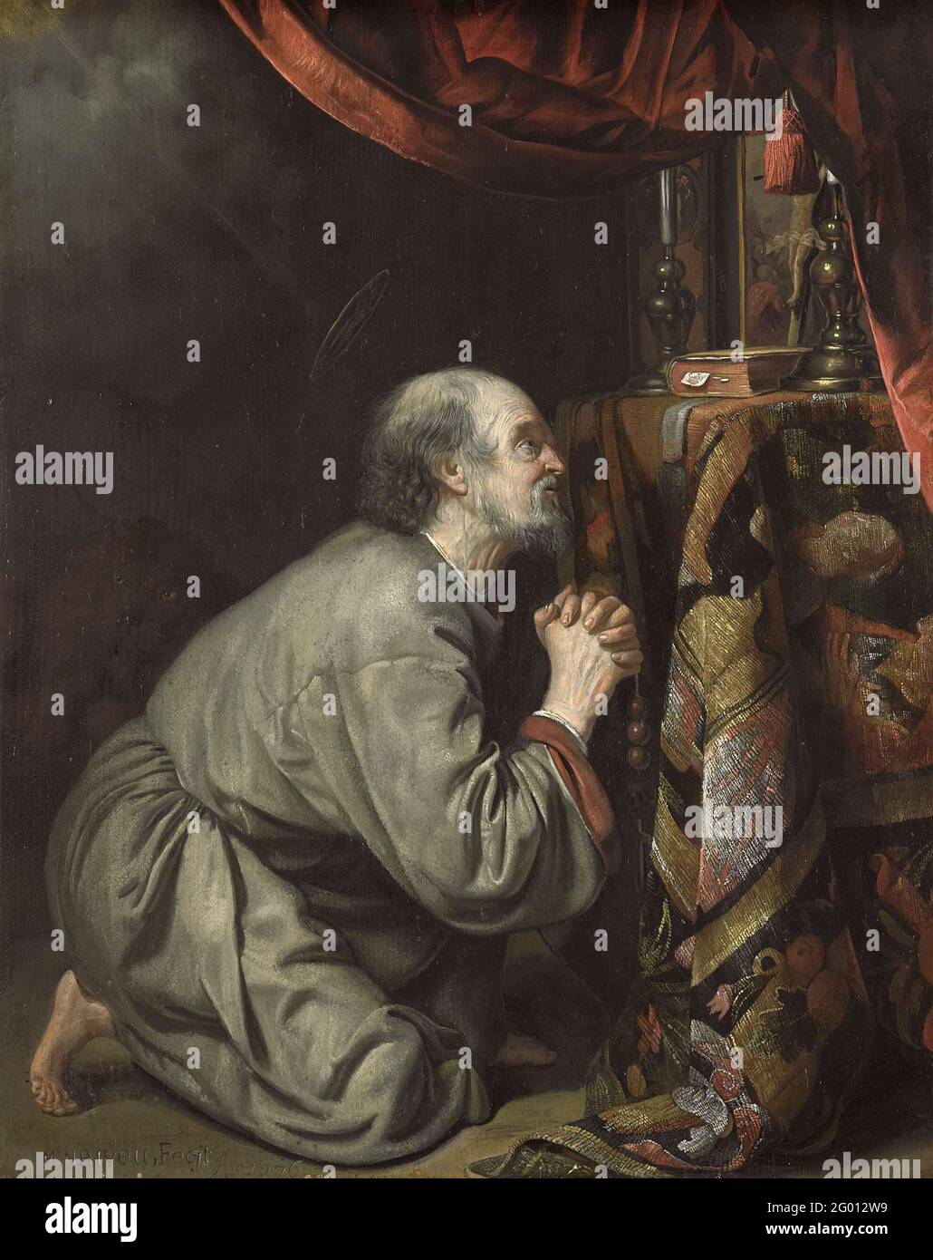 St. Jerome. The Holy Hieronymus. Kneeling praying, with tears in the eyes, for a crucifix on an