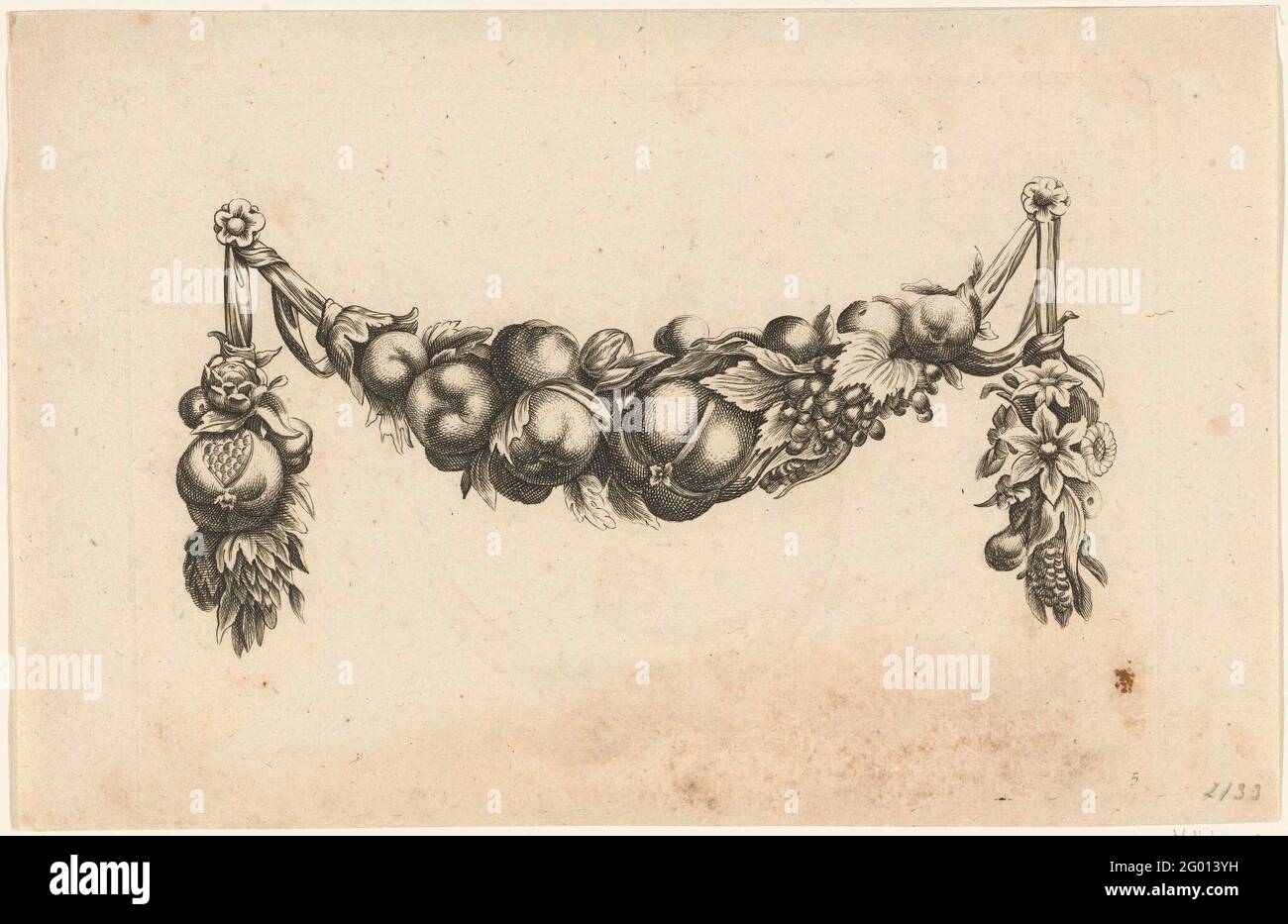 Festoon of fruit and flowers; Velded new festons. On the right hangs a bunch of grapes Stock
