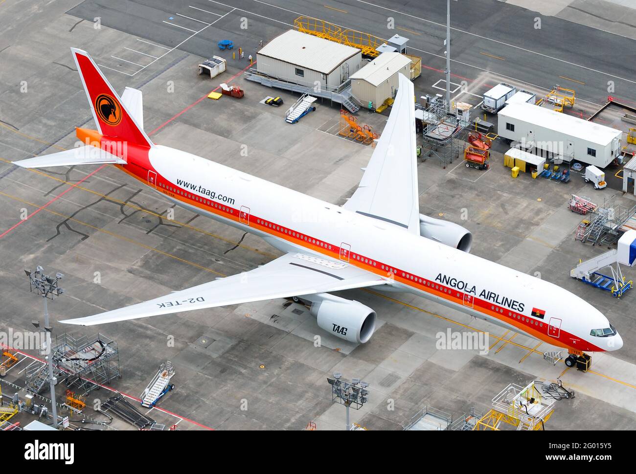 TAAG Boeing 777 aircraft aerial view at Paine Field in Everett