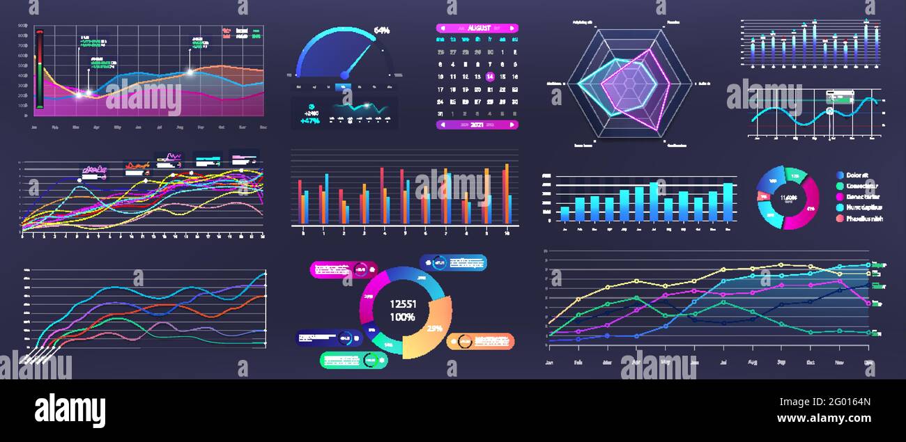 Graphics infographic, template dashboard with info elements - charts, diagrams, data analytics, infographic and online statistics. Vector Mockup panel Stock Vector