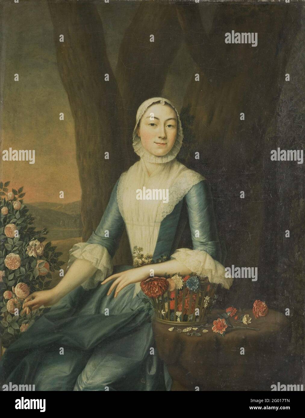 Portrait of Magdalena from Citters, Wife of Adriaen Isaac Hurgronje. Portrait of Magdalena from Citters (born 1737), wife of Adriaen Isaac Hurgronje. Knee piece, sitting in front of trees, next to a table, right on which a flower basket stands, left a rose bush. On the back the family crest and the weapons of her eight ancestors, an inscription and the numeral 53. Stock Photo