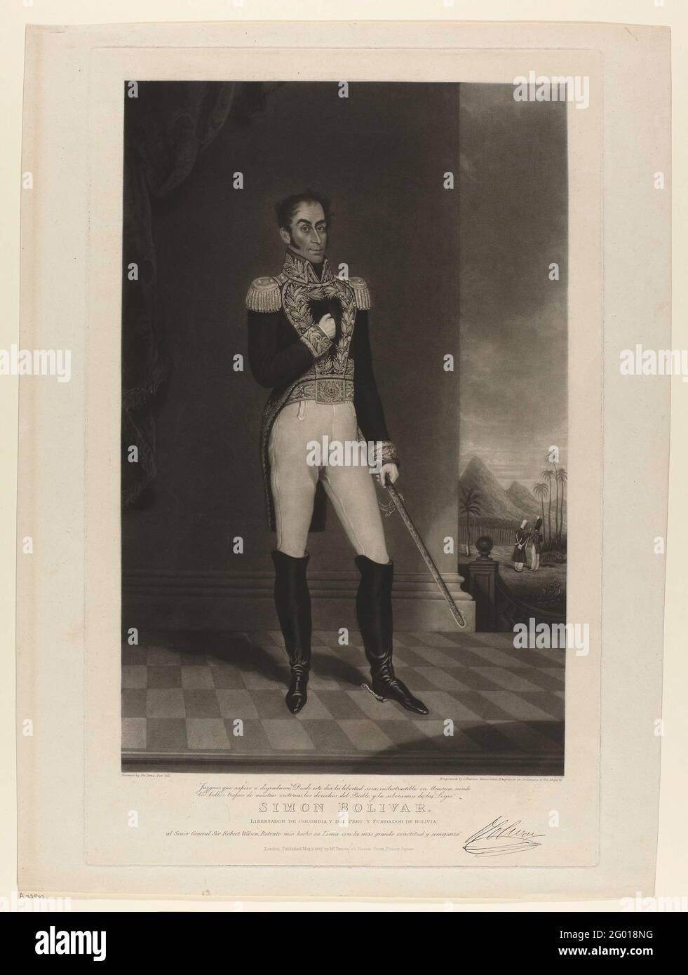 Simon Bolivar standing on a bordes The one hand holds the saber 