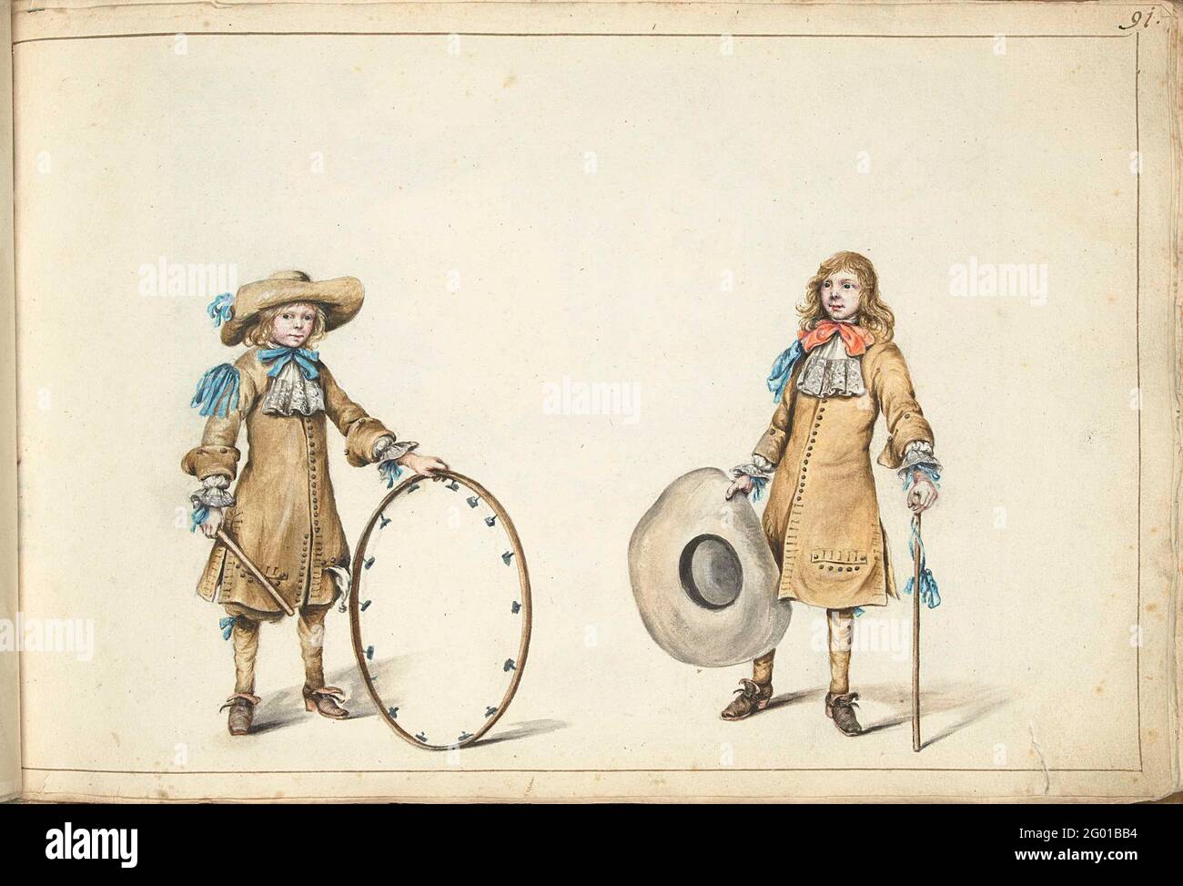 Gerrit and Cornelis Schellinger as a child. Gerrit and Cornelis Schellinger, nephews of Gesina ter Borch. Cornelis holds a hoop with loose metal particles that made noise when rolling. The oldest boy, gerrit, wears a hat with a large edge, possibly also part of a game. Stock Photo