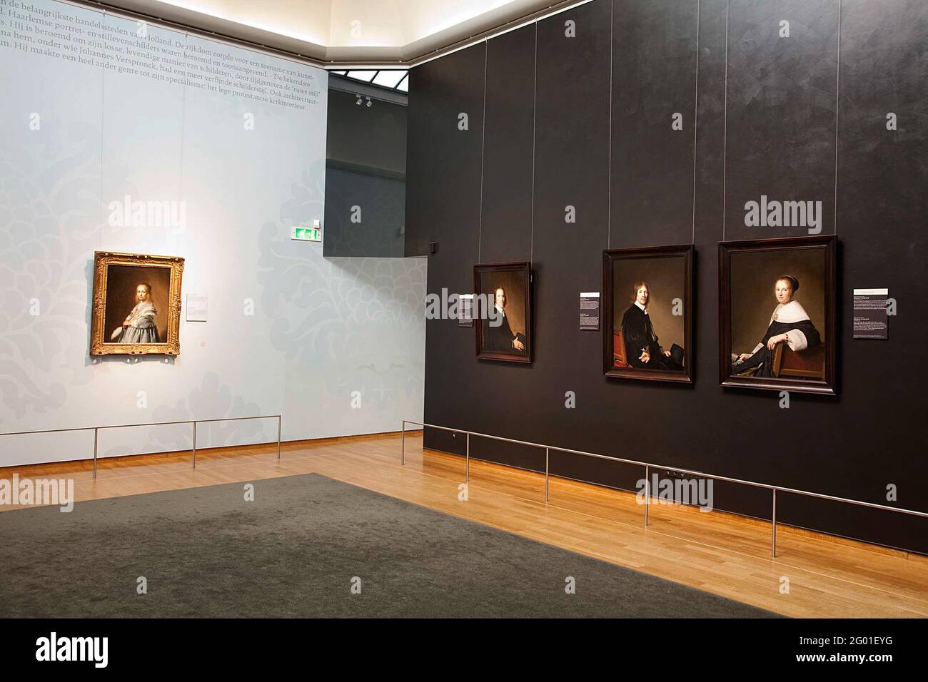 Wall with portraits of Dirck, Johannes of Jacobus Wallis, Eduard Wallis and Maria van Strijp, left a portrait of a girl in blue; Exhibition New acquisitions: Four portraits of Johannes Cornelisz Terspronck. Stock Photo