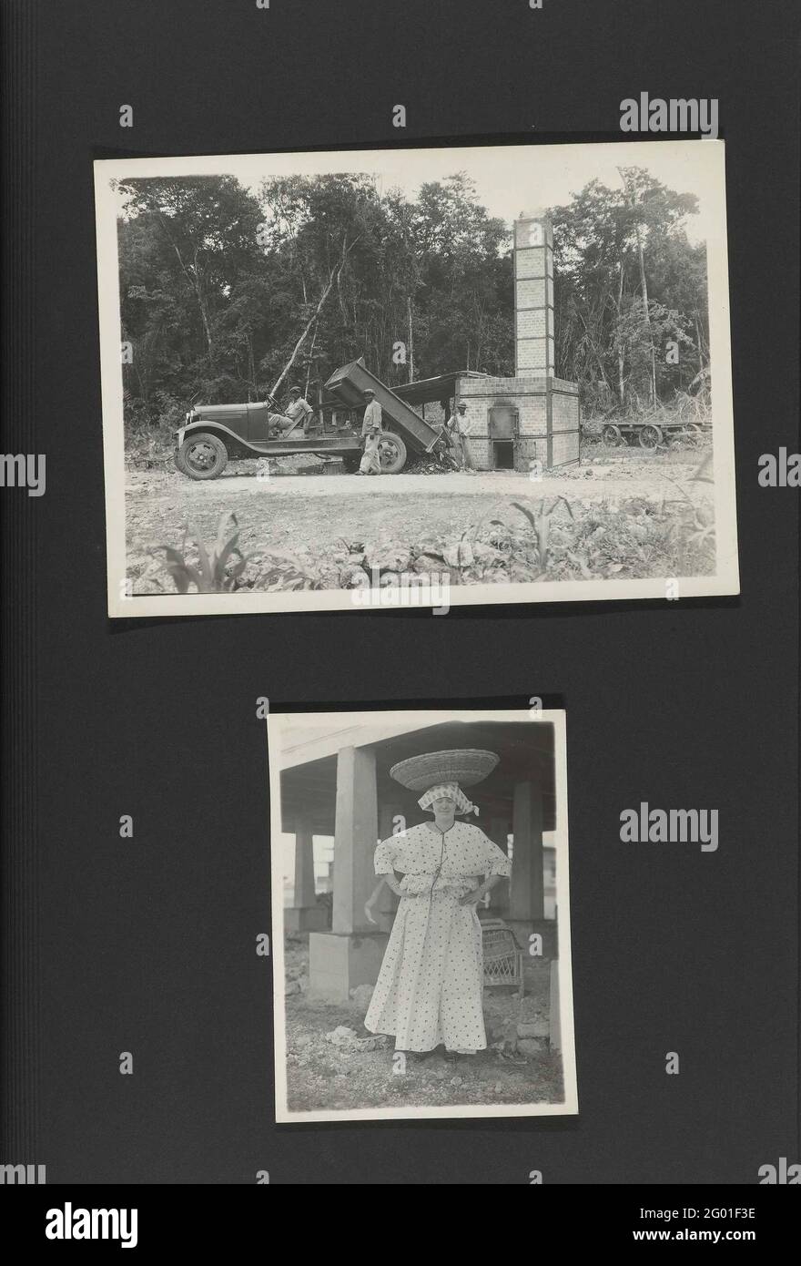 Daily life in Moengo. Album leaf with two photos from Moengo. Surinamese workers dumped with a truck waste at a combustion oven on the upper photos. On the lower photo a white woman (Mrs. Guilonard?) In Surinamese Koto. Part of the Guilonard family album over the bauxite mining in Moengo and Albina in Suriname in the 1929-1930. Stock Photo