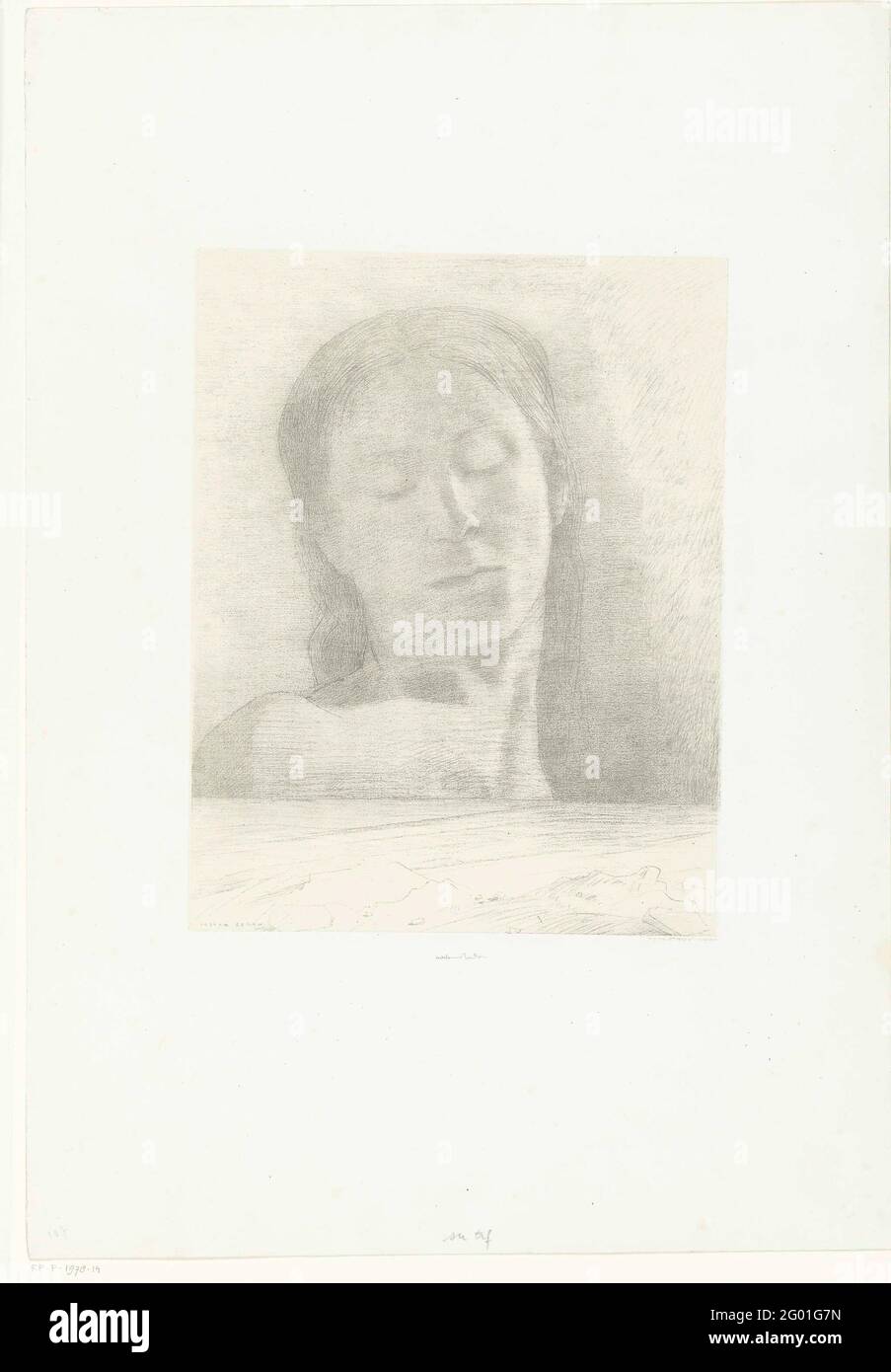 Closed eyes; Yeux Clos. Bust of an androgyne figure with closed eyes, seen from the front. At the bottom of a landscape. Stock Photo