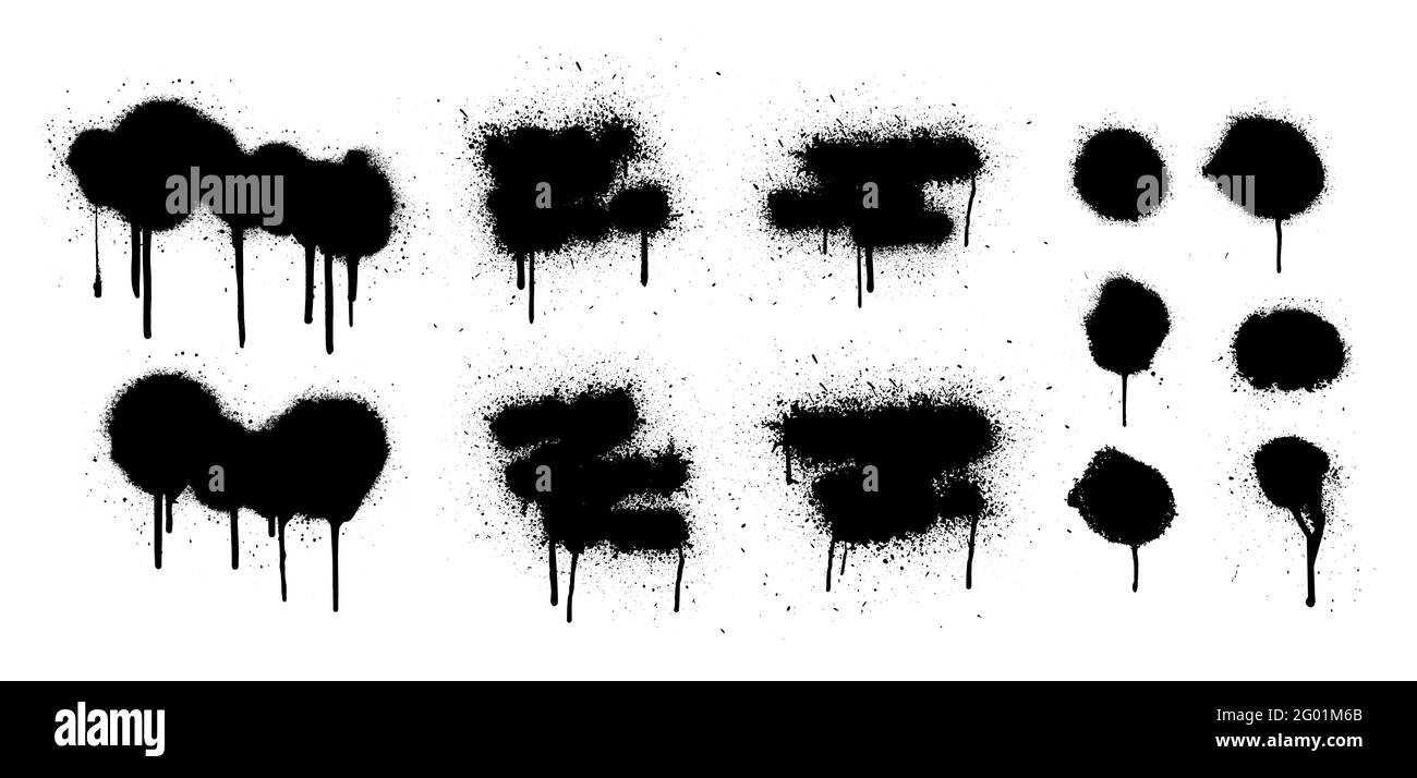 Hand drawn spray graffiti template. Texture ink with splashes and drips of paint on a white background. Grunge graphic stencil elements. Dirty Stock Vector