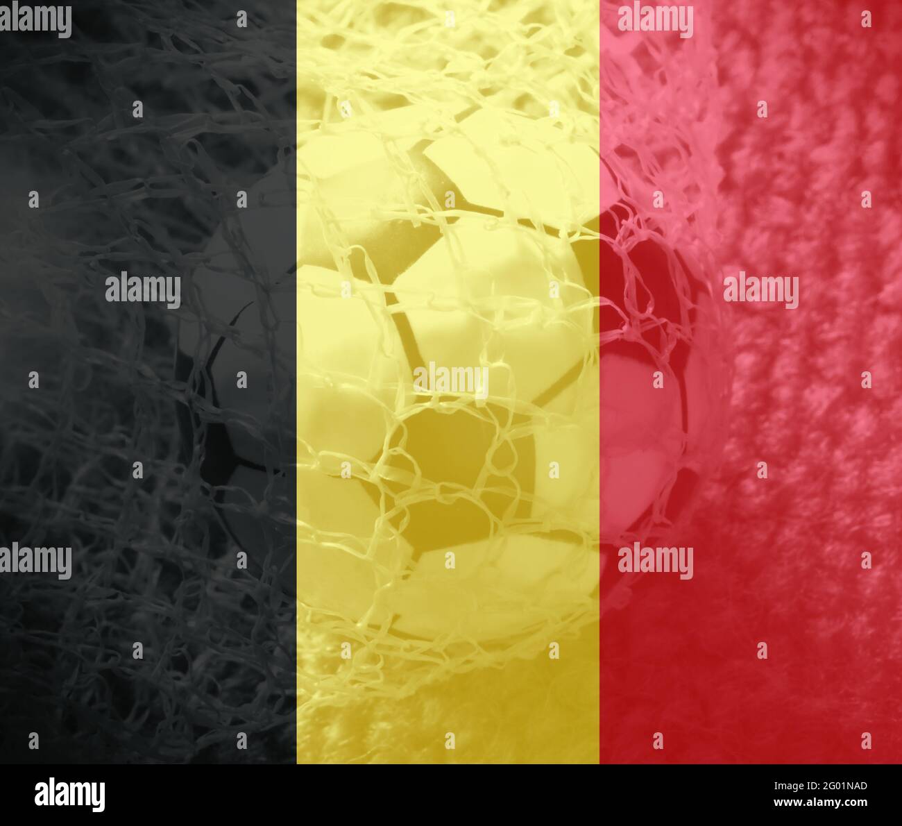 Belgium flag with a soccer ball going inside the net. Concept of Belgium soccer team. Stock Photo