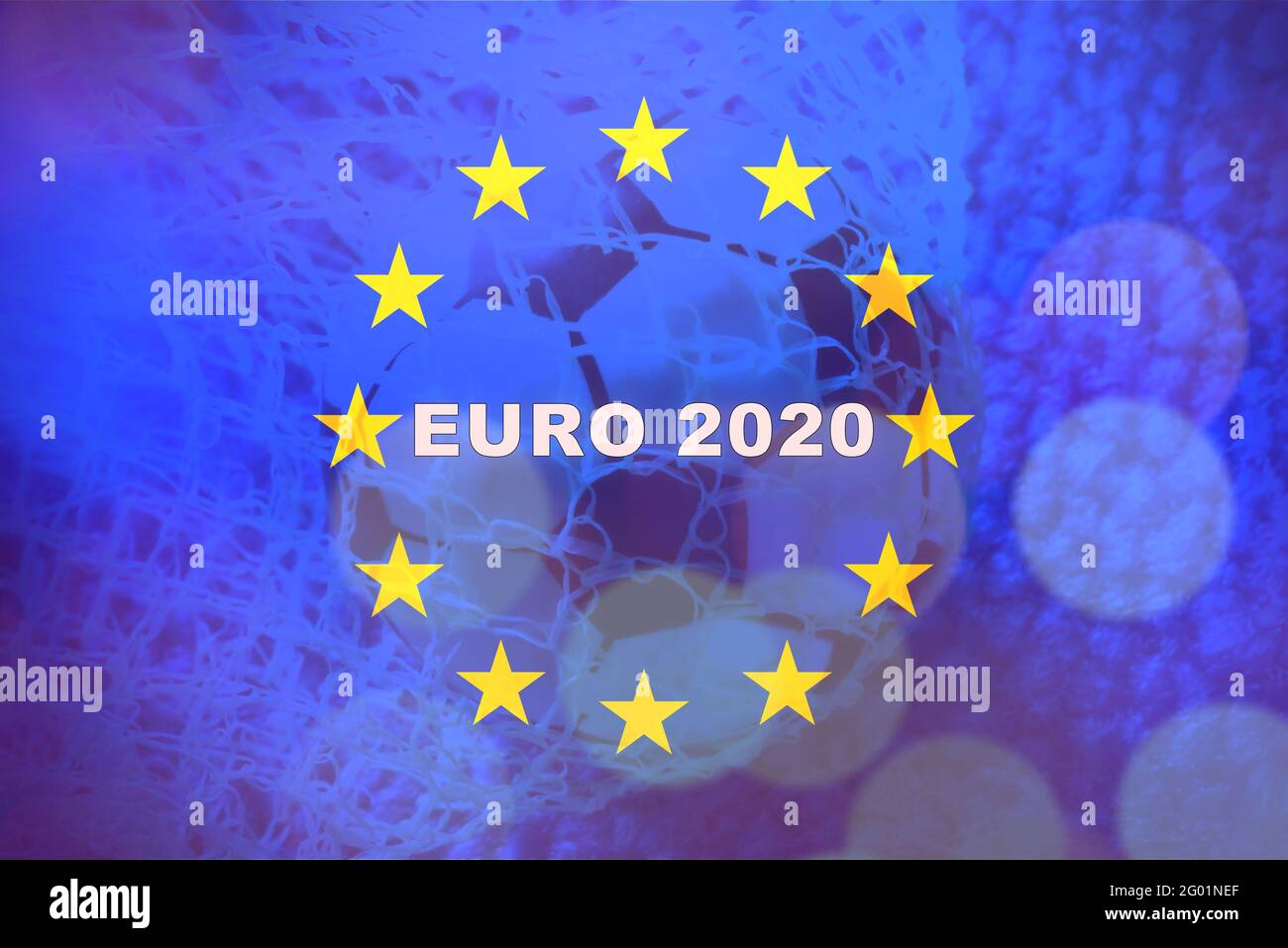 Soccer ball in goal, with the european flag with the text Euro2020 . Concept of european soccer cup. Stock Photo